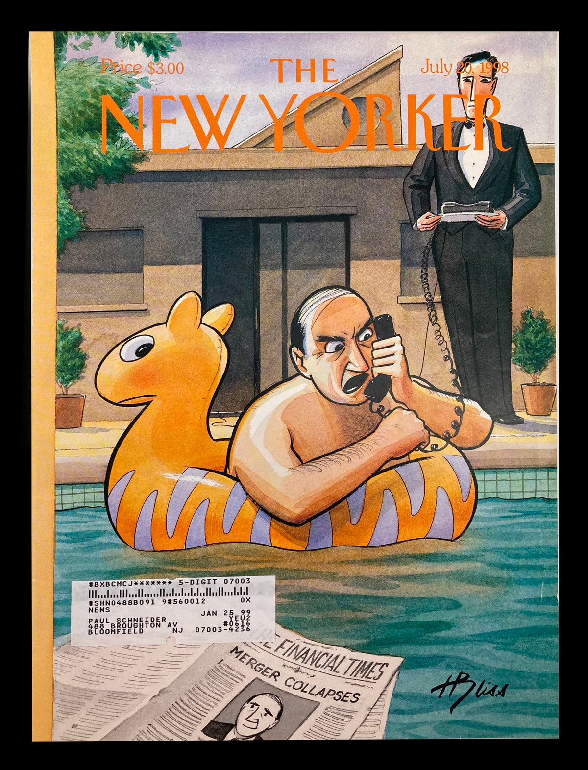 COVER ONLY The New Yorker July 20 1998 Trouble Afloat, featuring a cartoon of a man on a phone floating in a pool on a yellow inflatable, with a tuxedoed man standing nearby and a newspaper titled 'Financial Times' in view.