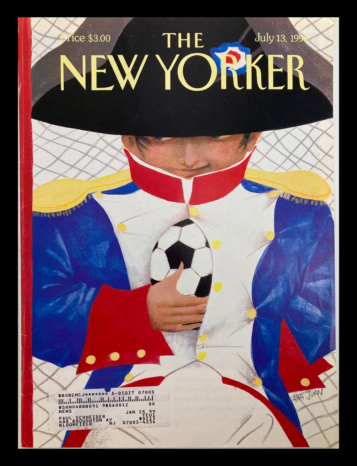 Cover of The New Yorker, July 13, 1998 featuring art by Ana Juan. The illustration shows a child in a Napoleonic-inspired outfit holding a soccer ball, representing themes of sports and culture.
