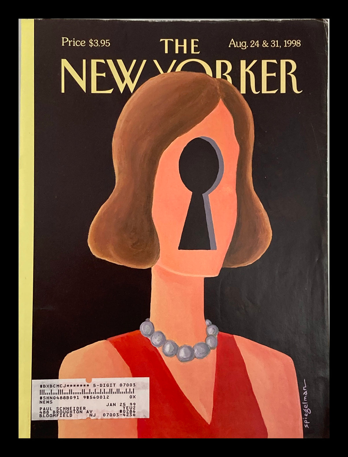 Cover of The New Yorker August 24, 1998, titled 'Private Lives' by Art Spiegelman, featuring a stylized woman with a keyhole for a face and a pearl necklace.