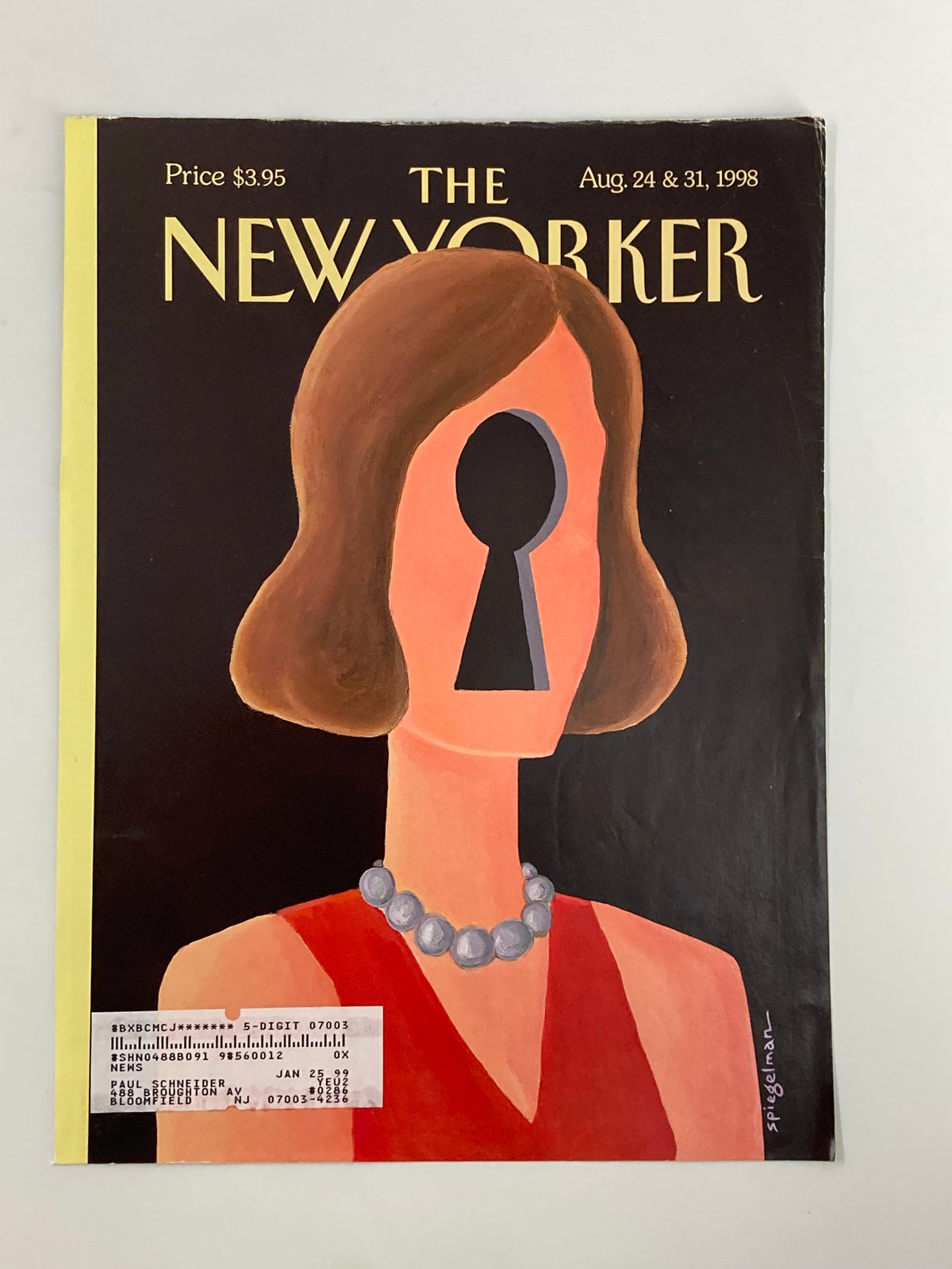 The New Yorker cover from August 24, 1998, showcasing 'Private Lives' by Art Spiegelman, depicting a woman with a keyhole silhouette and wearing a red dress.