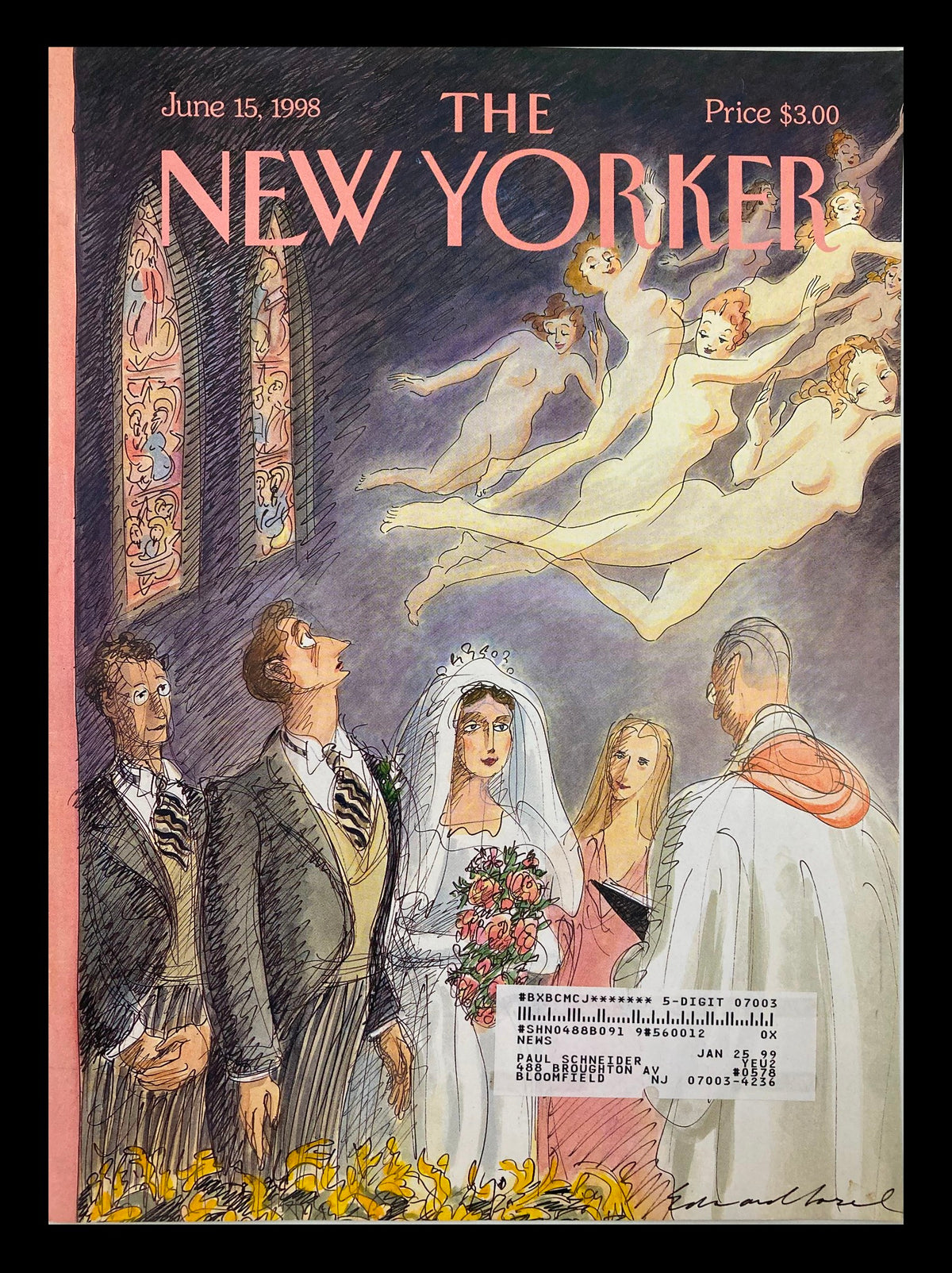 Cover of The New Yorker, June 15, 1998, illustrated by Edward Sorel, featuring a wedding scene with a bride, groomsmen, and ethereal figures in a church setting.