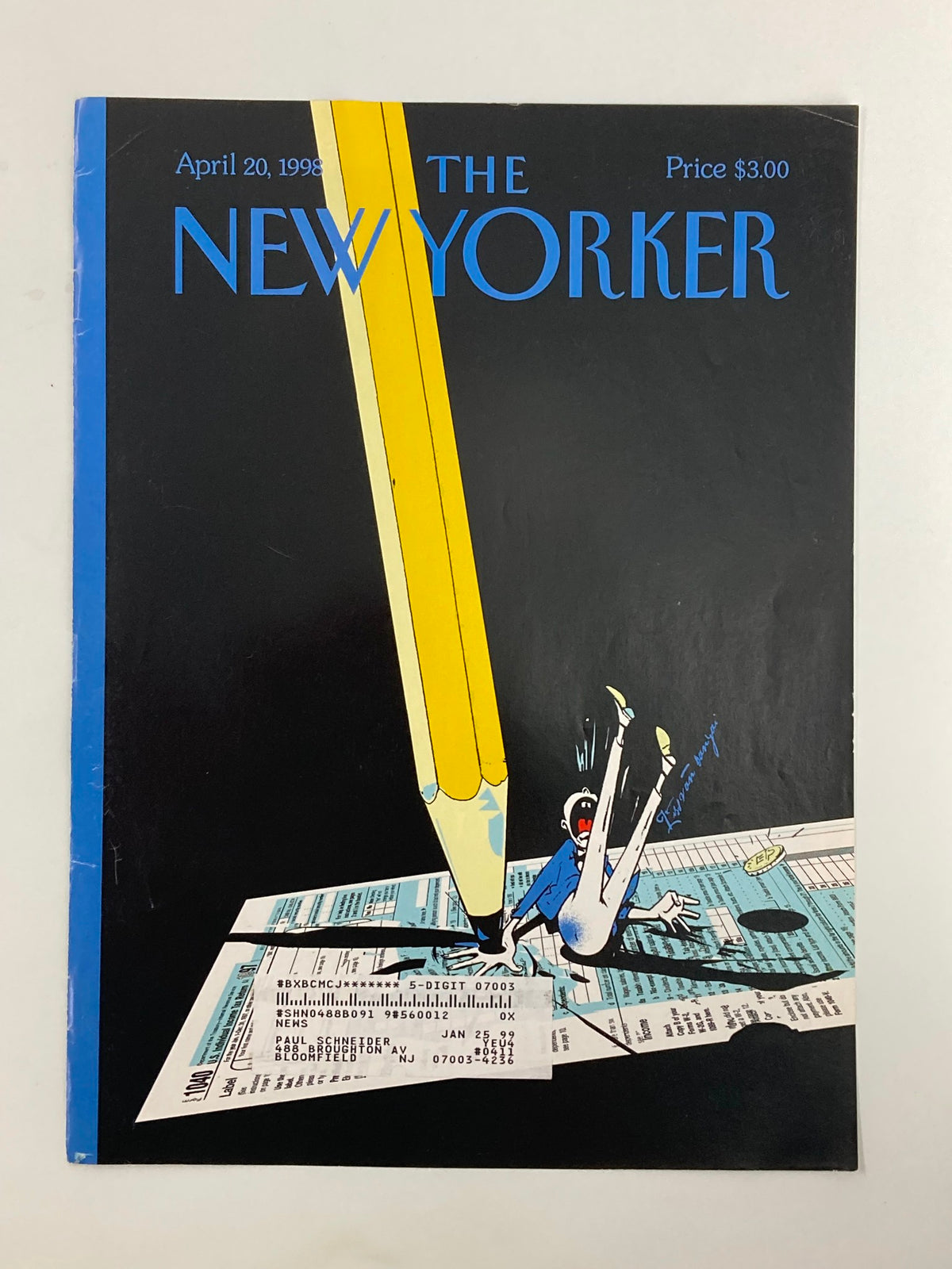 Cover of The New Yorker dated April 20, 1998, titled 'Nothing is Certain But' by Istan Banyai, displaying a vibrant artwork with a pencil and a distressed character on a backdrop of printed paper.