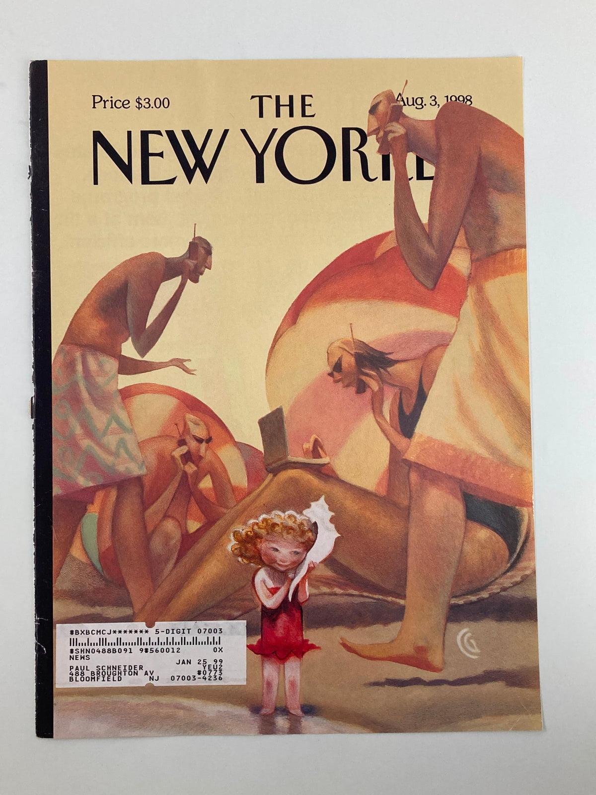 Front cover of The New Yorker from August 3, 1998, illustrated by Carter Goodrich, showcasing a playful scene with characters engaged in communication through seashells.