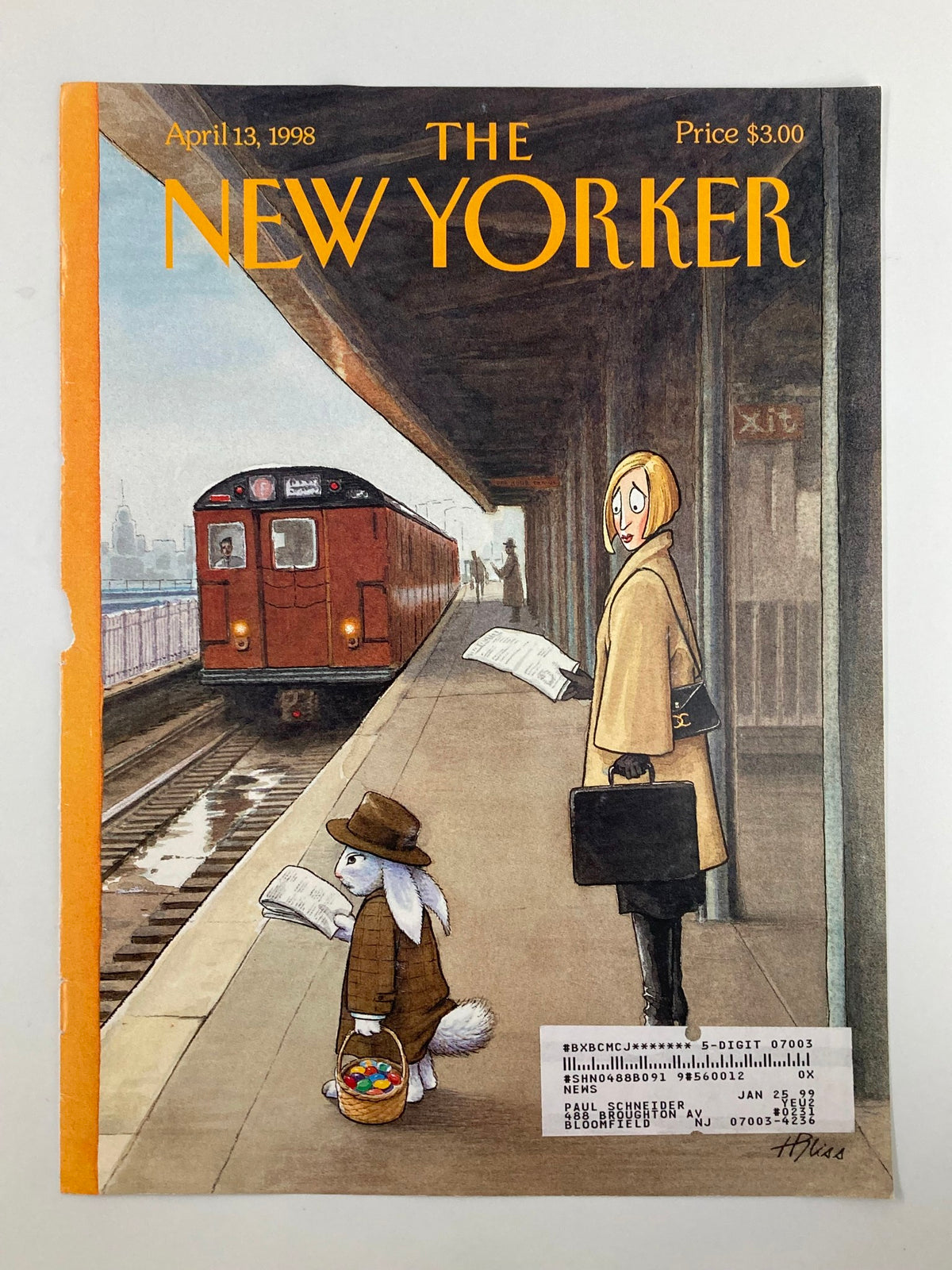 COVER ONLY The New Yorker April 13 1998 Another Day, Another Egg by Harry Bliss showcasing an artwork of a rabbit and a woman standing by a train platform.