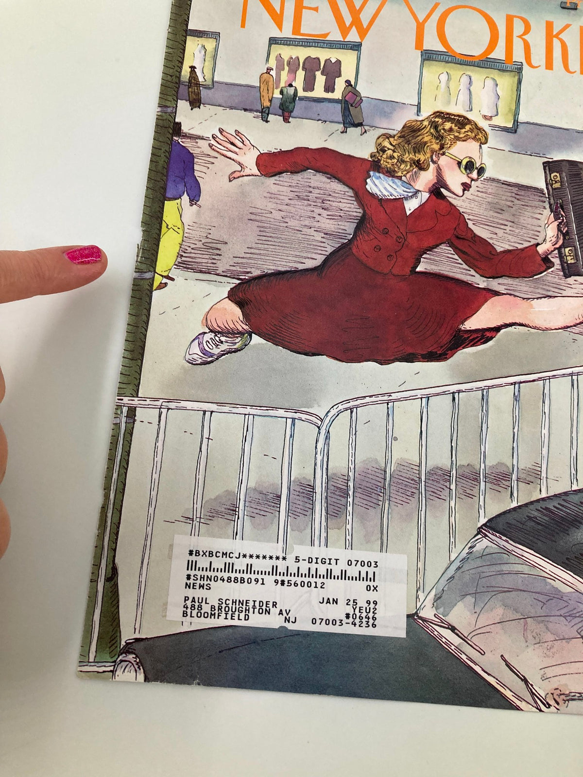 Close-up view of The New Yorker April 6 1998 cover, 'Taking It in Stride' by Barry Blitt, highlighting the woman in a red dress and sunglasses in motion, with a visible price tag and details from the magazine's spine.
