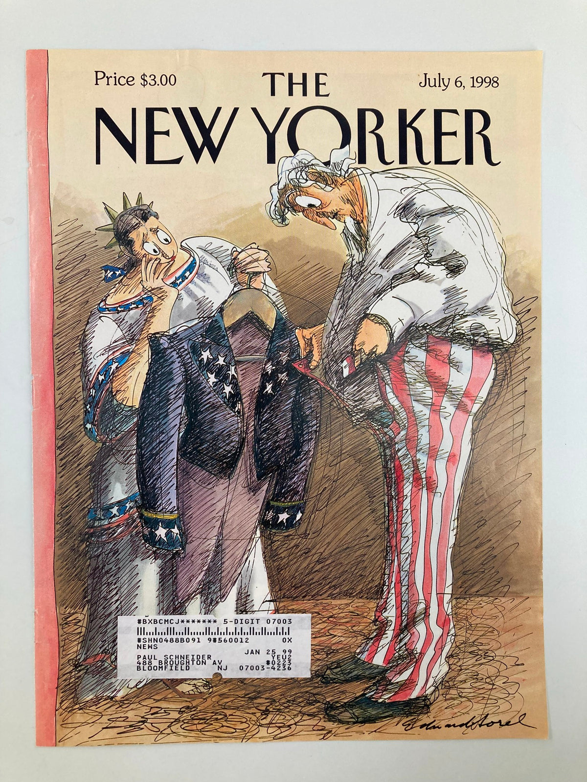 The New Yorker cover from July 6, 1998, titled 'Unexpected Surplus' by Edward Sorel, featuring a humorous illustration with American cultural themes.