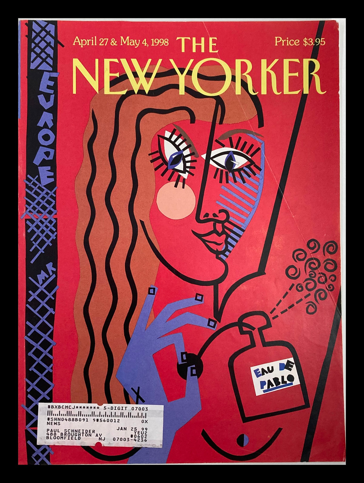 COVER ONLY The New Yorker April 27 1998 Eau de Pablo by Michael Roberts, showcasing a vibrant red cover featuring abstract artwork of a woman holding a perfume bottle, with bold colors and playful lines.