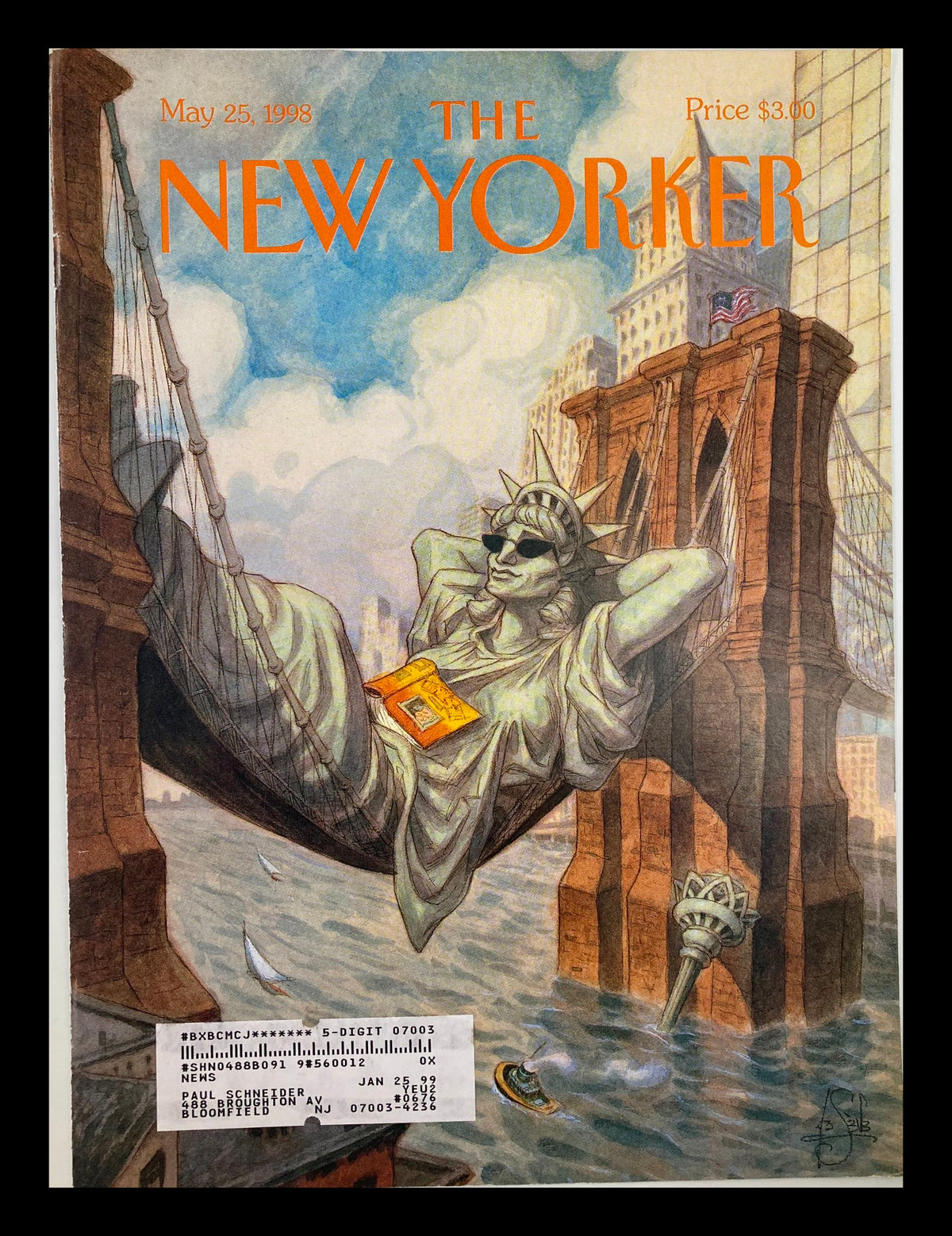 Cover of The New Yorker magazine dated May 25, 1998, featuring the illustration 'Liberty Takin' a Break' by Peter de Seve. The image depicts the Statue of Liberty relaxing in a harbor with a book, showcasing vibrant colors and cityscape elements including the Brooklyn Bridge.