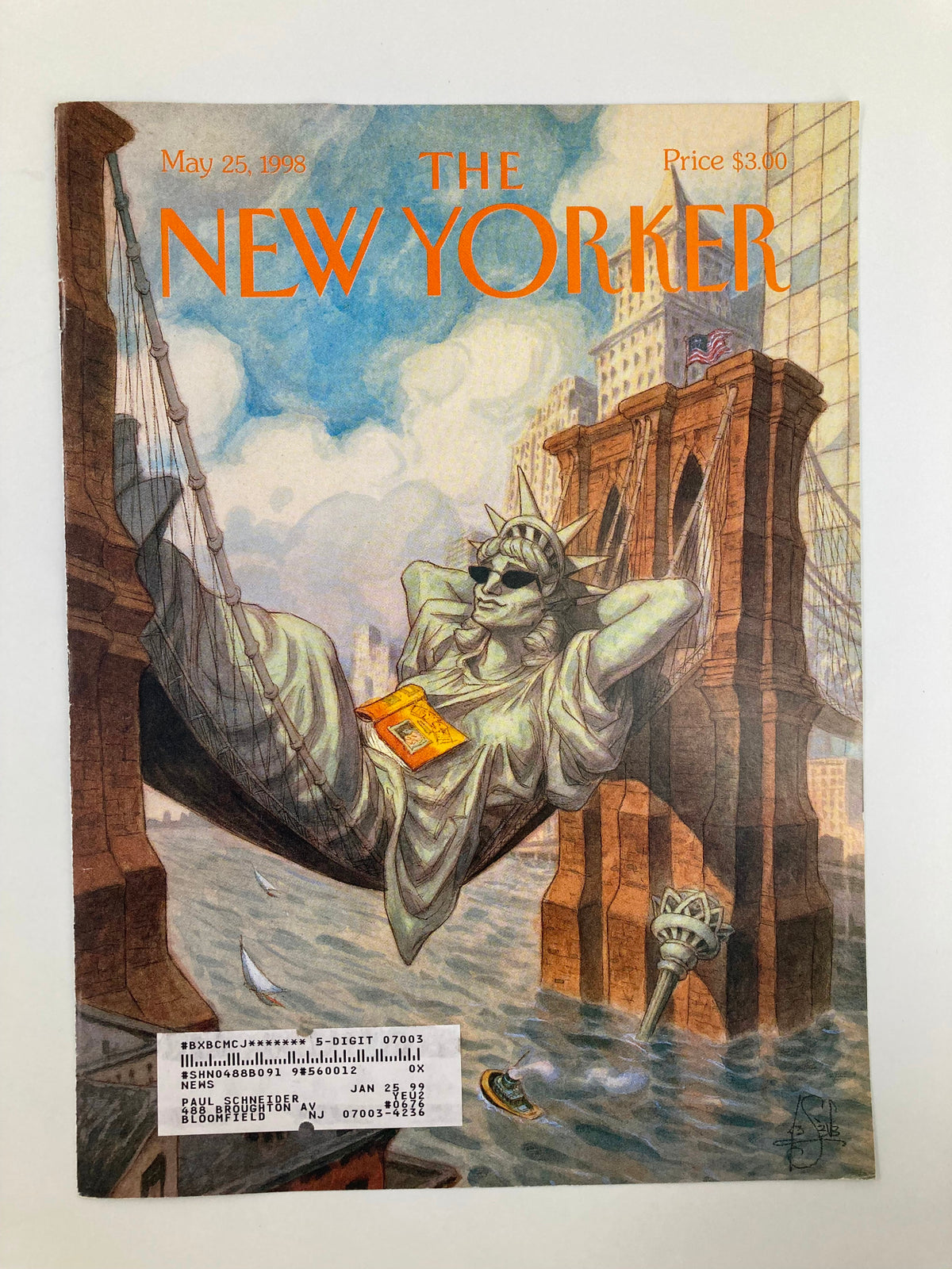Cover of The New Yorker magazine from May 25, 1998, titled 'Liberty Takin' a Break' by Peter de Seve. The artwork features the Statue of Liberty in a leisurely pose, surrounded by water and iconic urban imagery, emphasizing a whimsical interpretation of the statue.