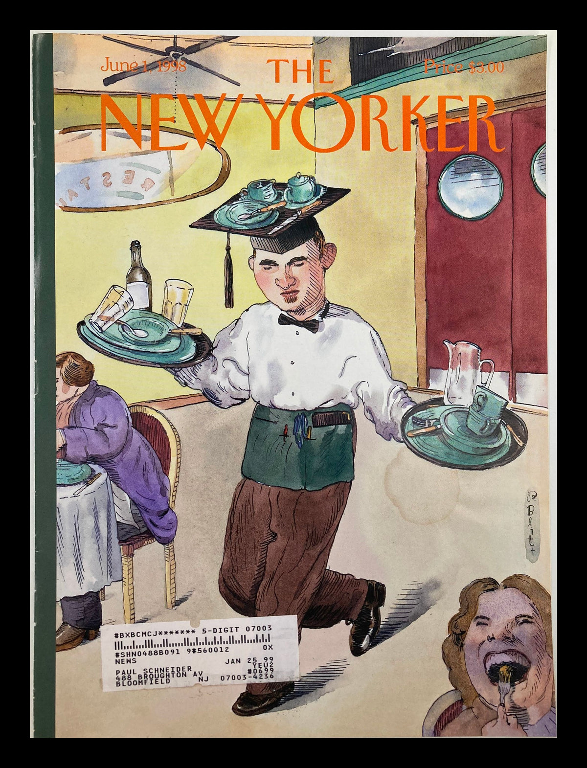 Cover of The New Yorker June 1, 1998 titled 'Waiting Around After School' by Barry Blitt, featuring a young waiter balancing trays with dishes and drinks in a restaurant setting.