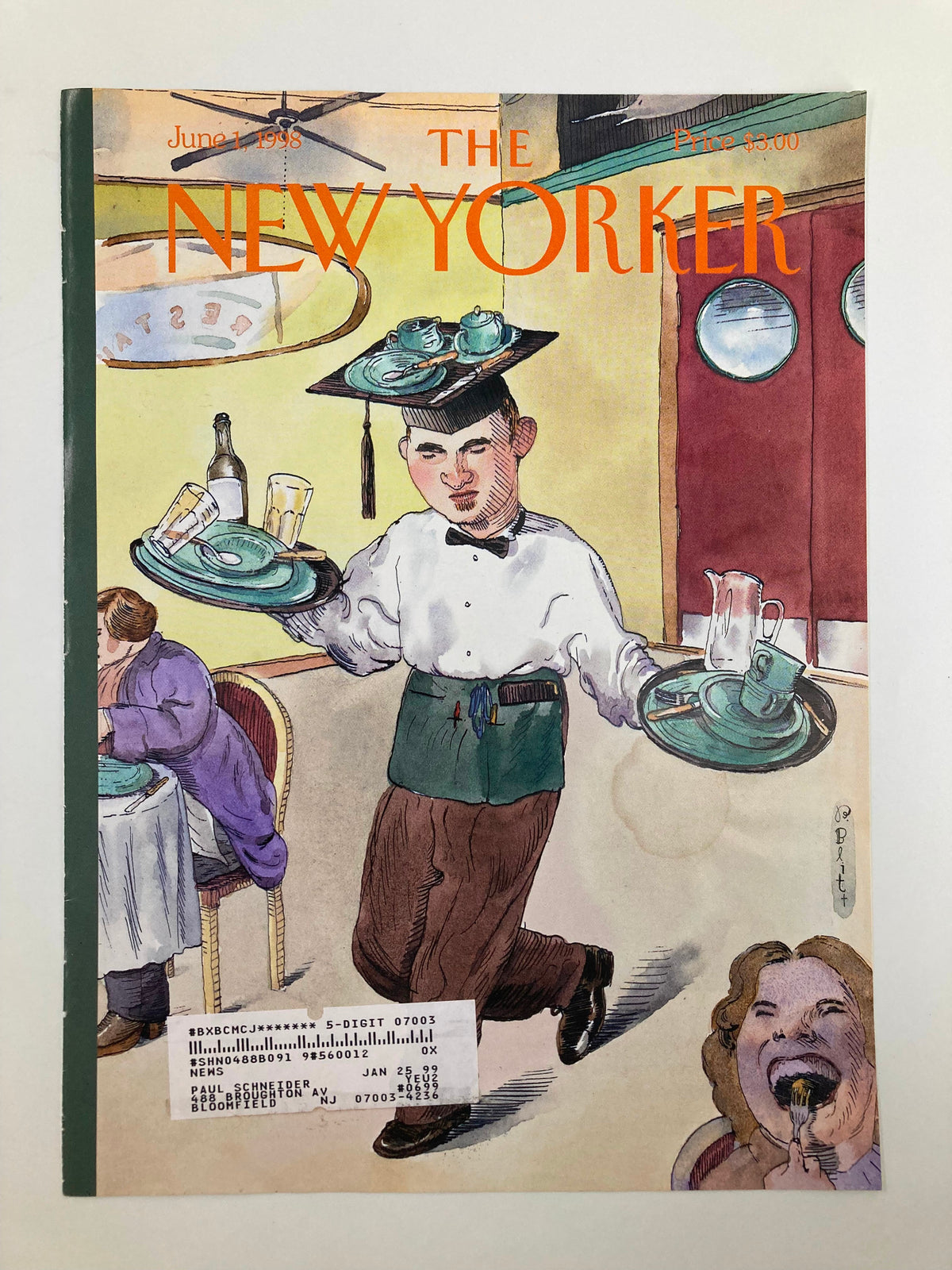 The New Yorker June 1, 1998 cover illustration 'Waiting Around After School' by Barry Blitt, showcasing a young waiter in a dining setting with guests, displaying humor and childhood nostalgia.