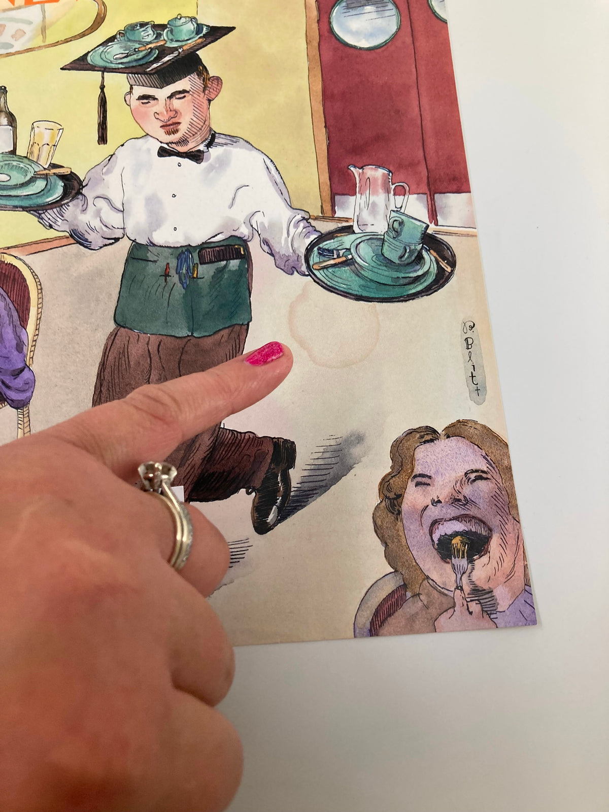 A close-up of The New Yorker June 1, 1998 cover titled 'Waiting Around After School' by Barry Blitt, focusing on the young waiter and a dining guest, highlighting the playful and whimsical elements of the artwork.