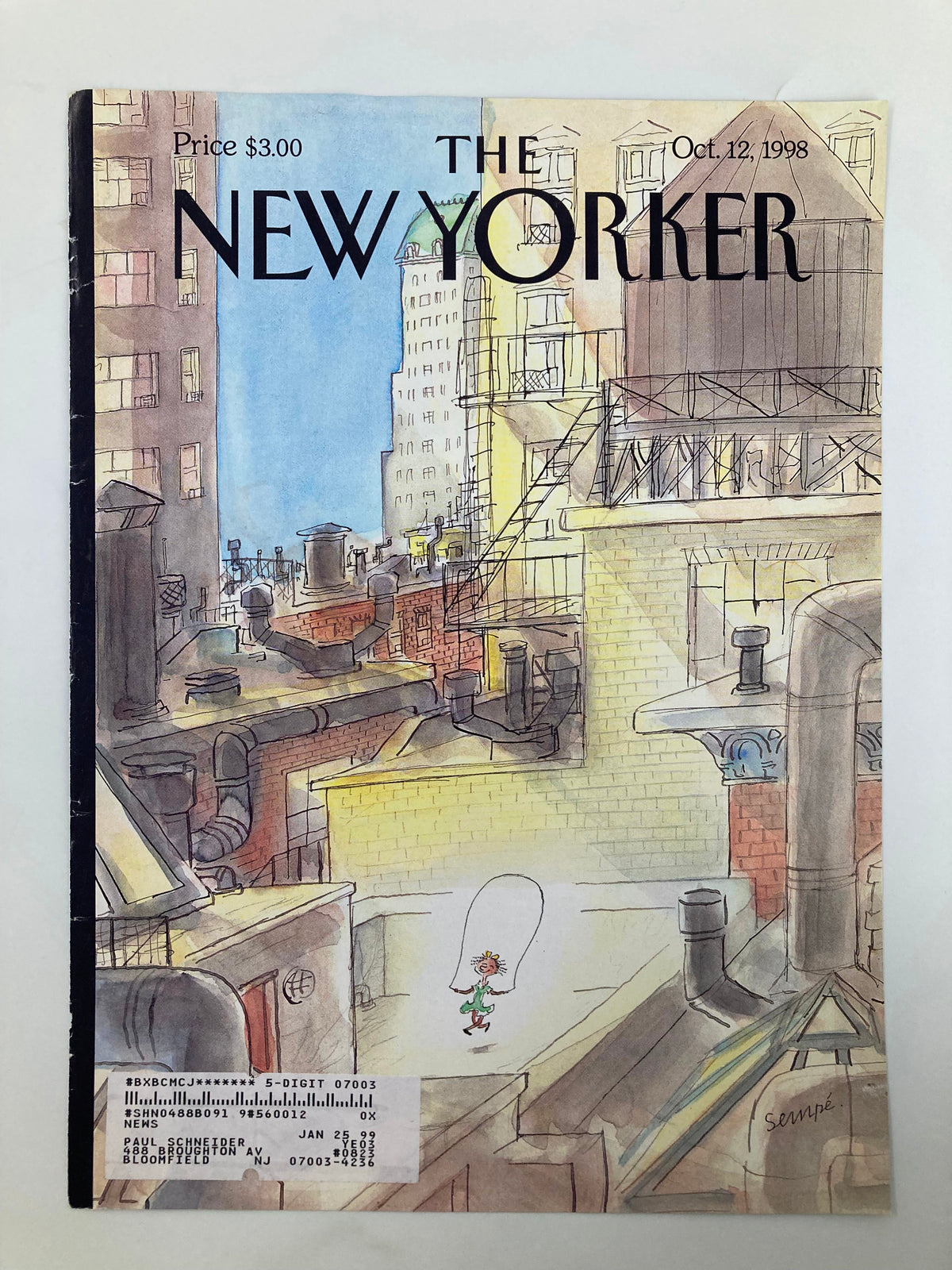 The New Yorker cover from October 12, 1998 titled 'On the Roof' by Jean-Jacques Sempé, showcasing a colorful illustration of rooftops and a child enjoying a jump rope.