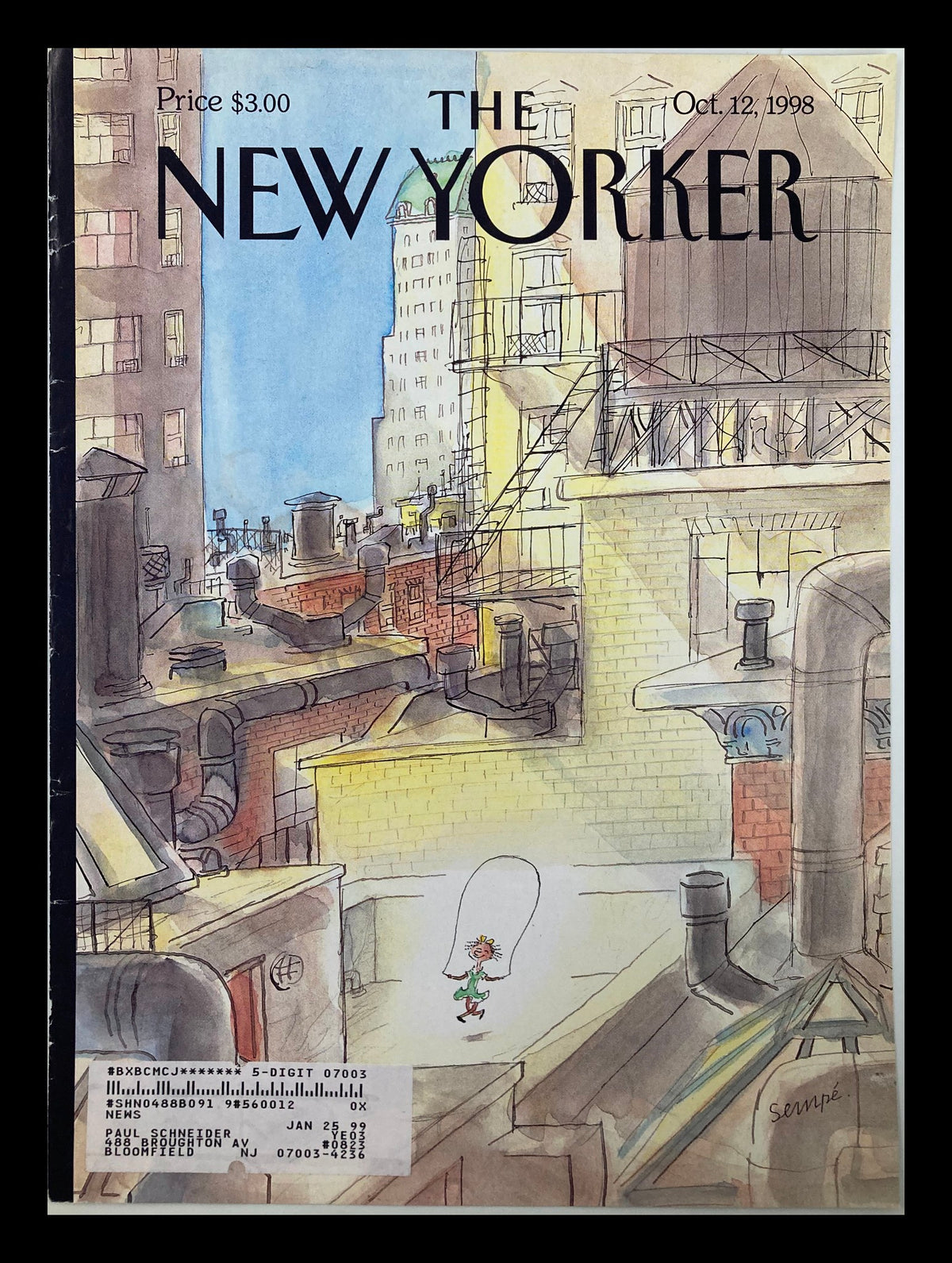 Cover of The New Yorker dated October 12, 1998, featuring the illustration 'On the Roof' by Jean-Jacques Sempé, depicting a whimsical city scene with a child playing with a jump rope amidst urban rooftops.