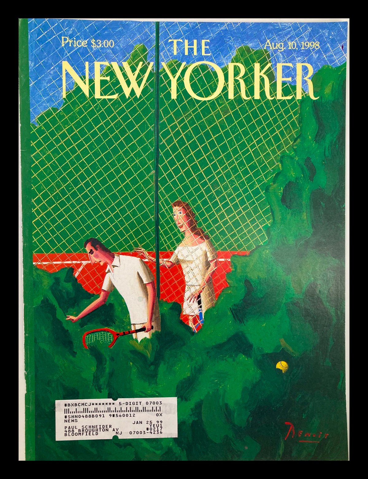 Cover of The New Yorker, August 10, 1998, by Benoit van Innis featuring a vibrant illustration of two figures on a tennis court among lush greenery.
