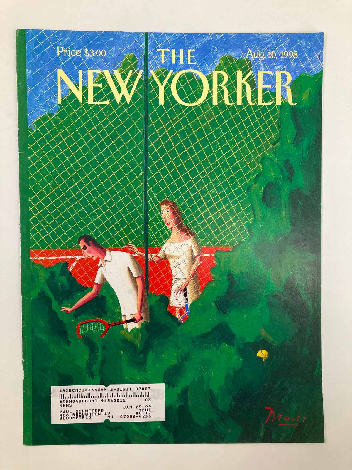 Cover of The New Yorker, August 10, 1998, by Benoit van Innis displaying a colorful scene of a man and a woman in a tennis setting with a distinctive green backdrop.