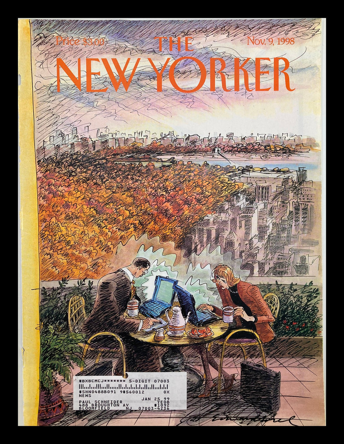 The New Yorker Cover November 9 1998 featuring 'Early Birds' by Edward Sorel, depicting a couple dining outdoors with laptops, surrounded by autumn foliage and a city skyline in the background.