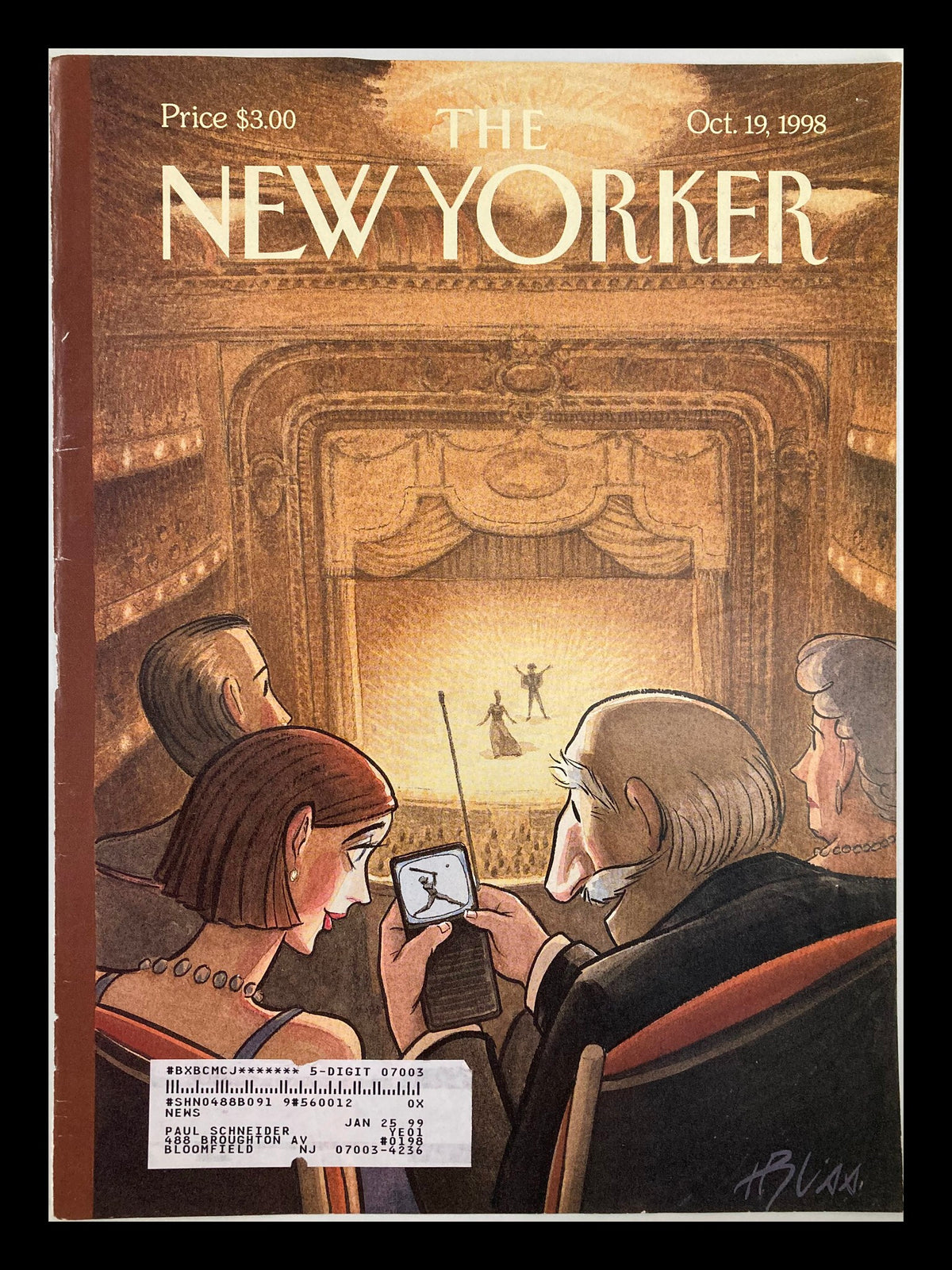 COVER ONLY The New Yorker October 19, 1998 illustrated by Harry Bliss, featuring a theater scene with characters watching a performance. The cover reflects Bliss's unique blend of humor and art.