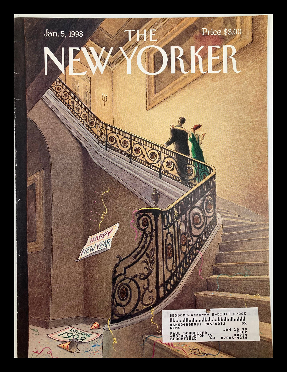 Cover of The New Yorker January 5, 1998, titled 'The New Year' by Harry Bliss, featuring a staircase scene with a couple and celebratory decorations.