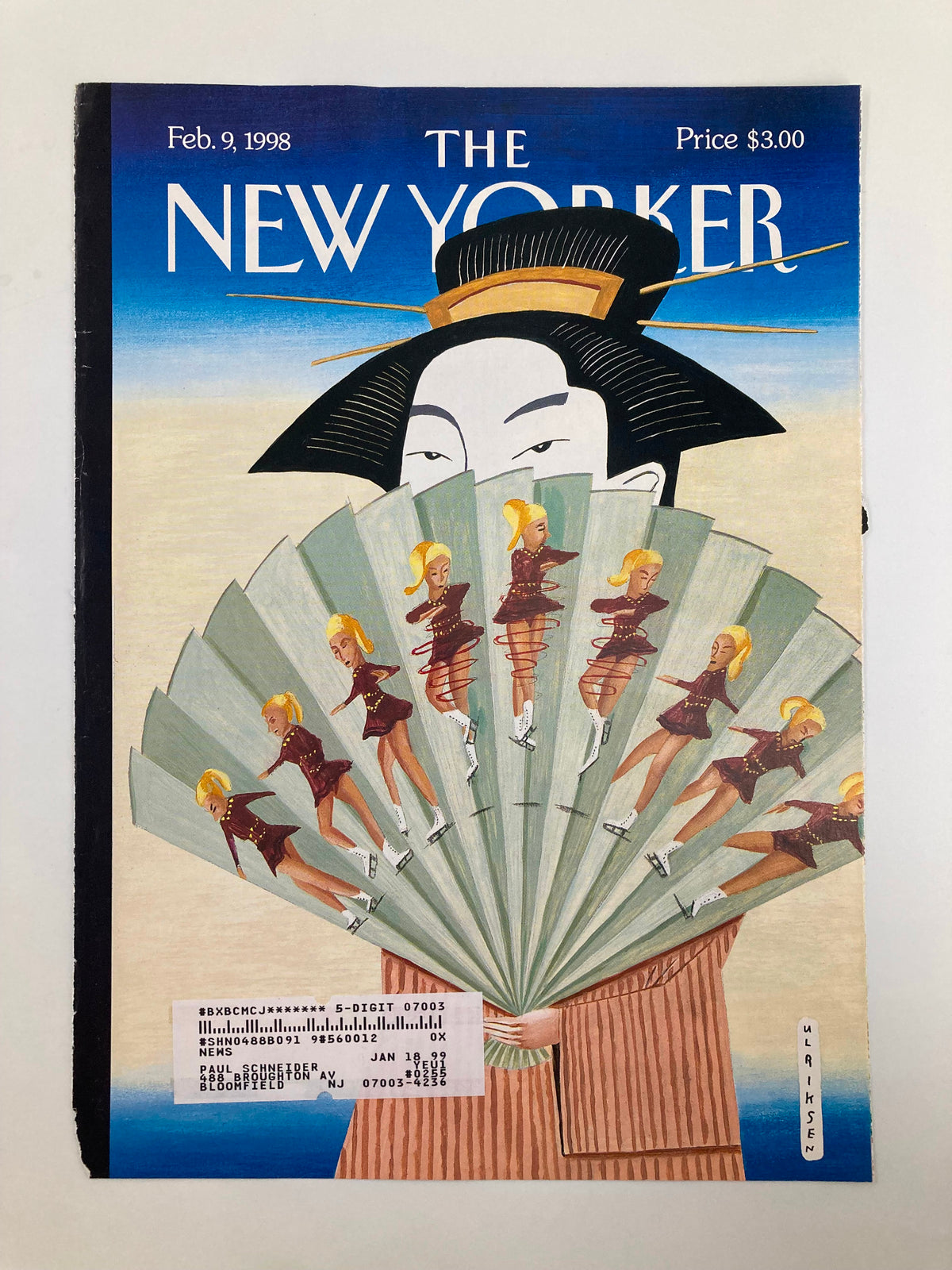 Cover of The New Yorker February 9, 1998 featuring 'Figure-Skating Fan' by Mark Ulriksen, depicting a traditional scene with a woman dressed in a kimono holding a fan printed with figure skating illustrations.
