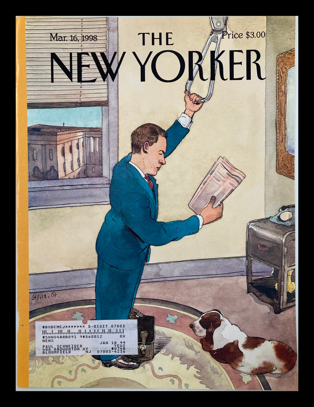 Cover of The New Yorker dated March 16, 1998, featuring an illustration titled 'The Commuter' by Barry Blitt, depicting a man in a suit reading a newspaper with a dog beside him.