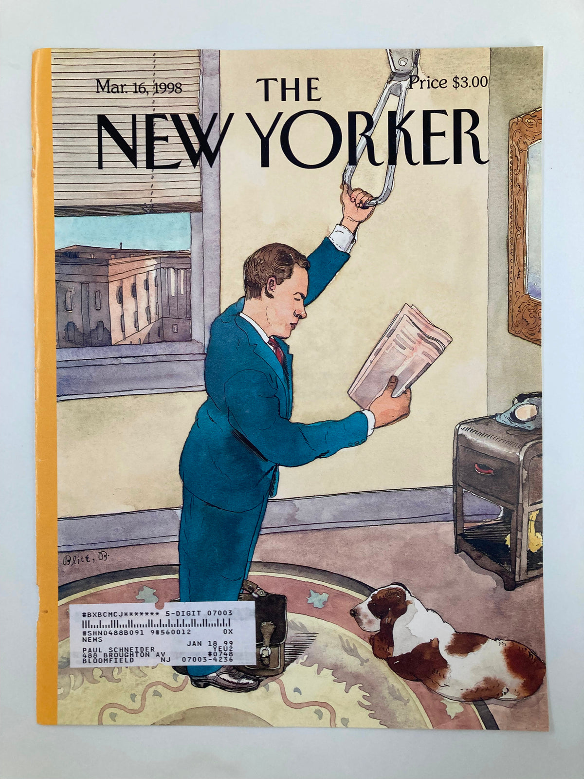 Cover of The New Yorker from March 16, 1998, illustrated by Barry Blitt, showing a well-dressed man reading a newspaper as a dog lies nearby, capturing urban commuting life.