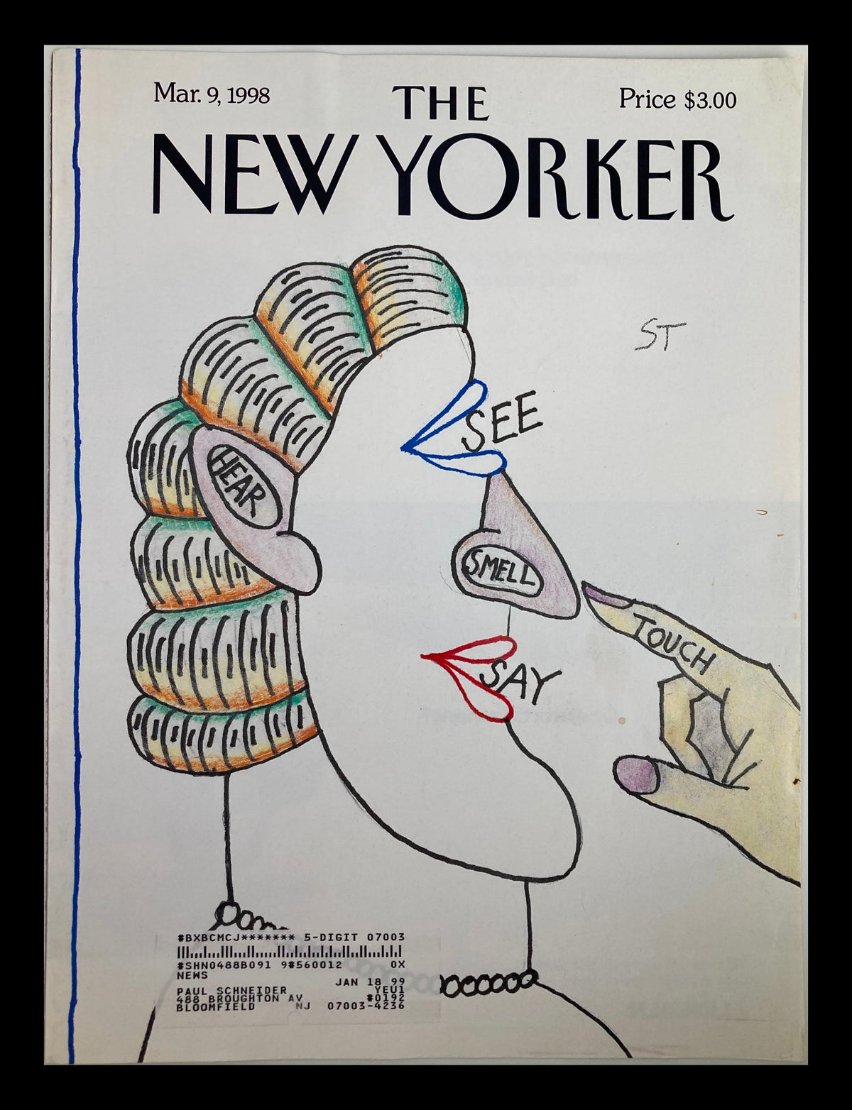 Cover of The New Yorker from March 9, 1998, titled 'The Five Senses' by Saul Steinberg, featuring whimsical illustrations of a woman's face highlighting the five senses.