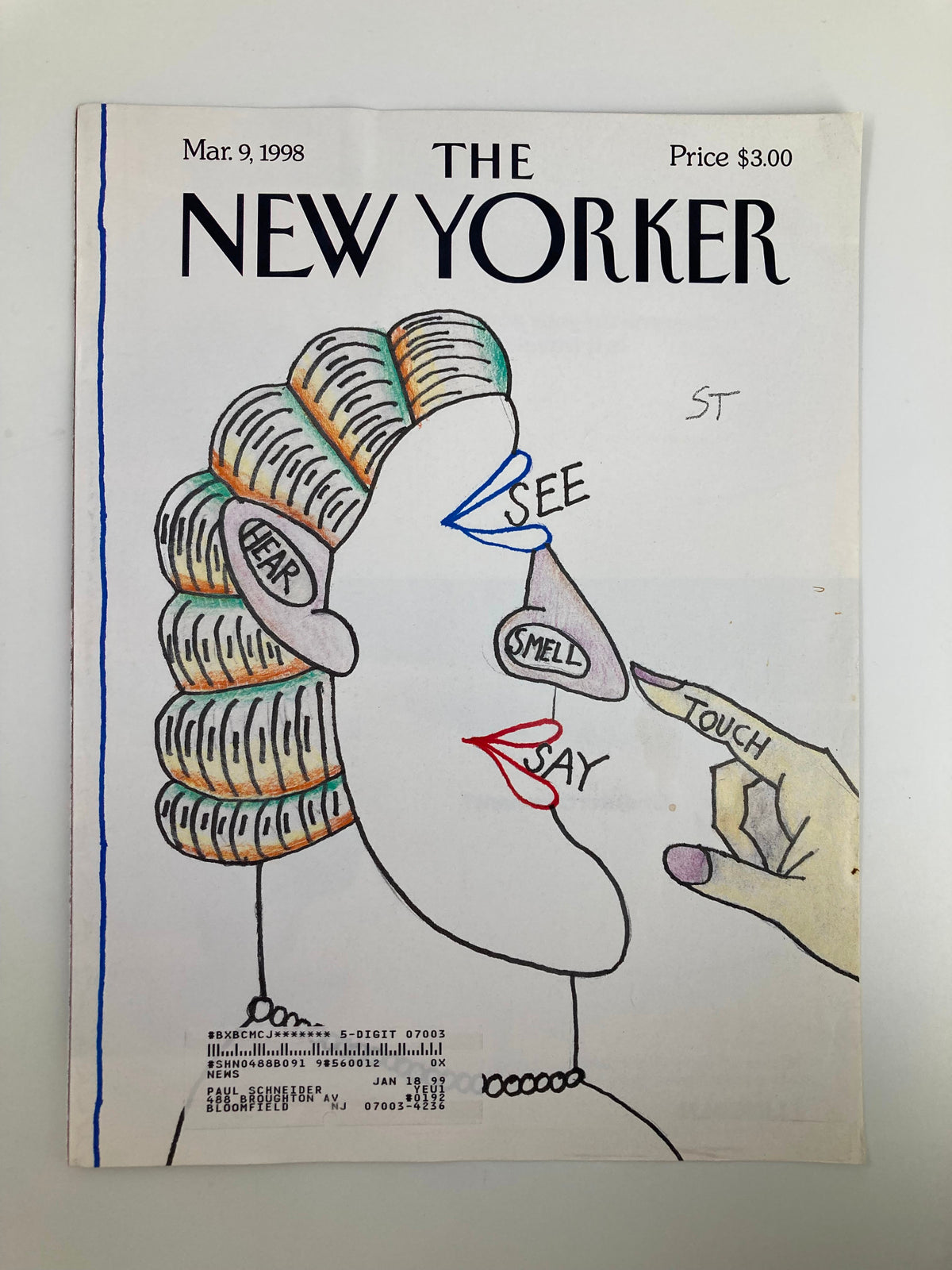 Detailed view of the cover of The New Yorker, March 9, 1998, titled 'The Five Senses' by Saul Steinberg, showcasing colorful artwork emphasizing human perception.