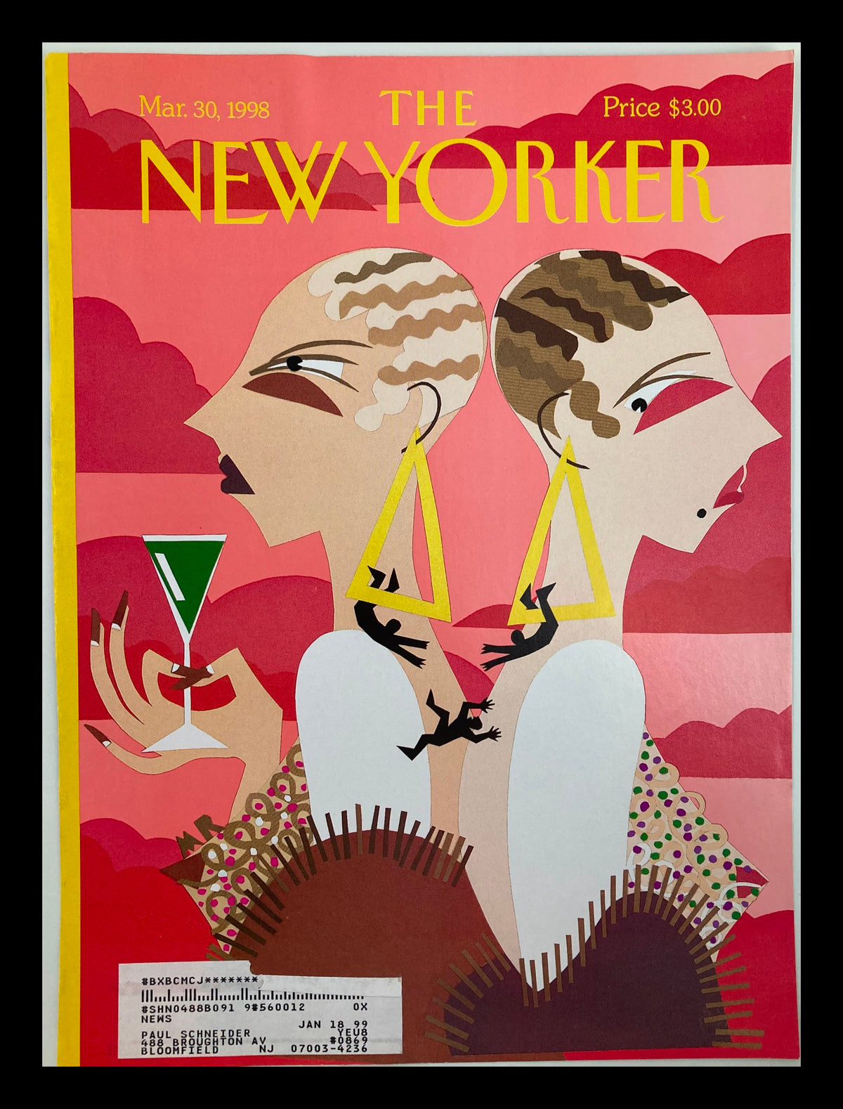 COVER ONLY The New Yorker March 30 1998 featuring the "Drop-Dead Chic" illustration by Michael Roberts. Artistic magazine cover showcasing stylish figures with bold accessories against a vibrant background.