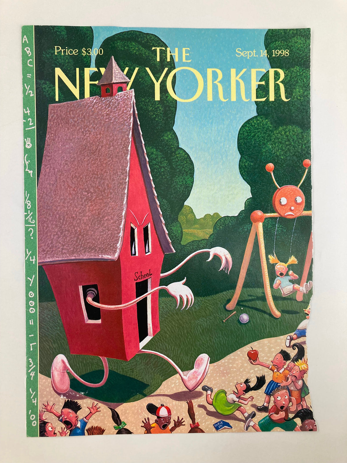 COVER ONLY The New Yorker September 14 1998 Back to School by William Joyce featuring a whimsical red schoolhouse in a cartoon landscape with children and playground equipment.