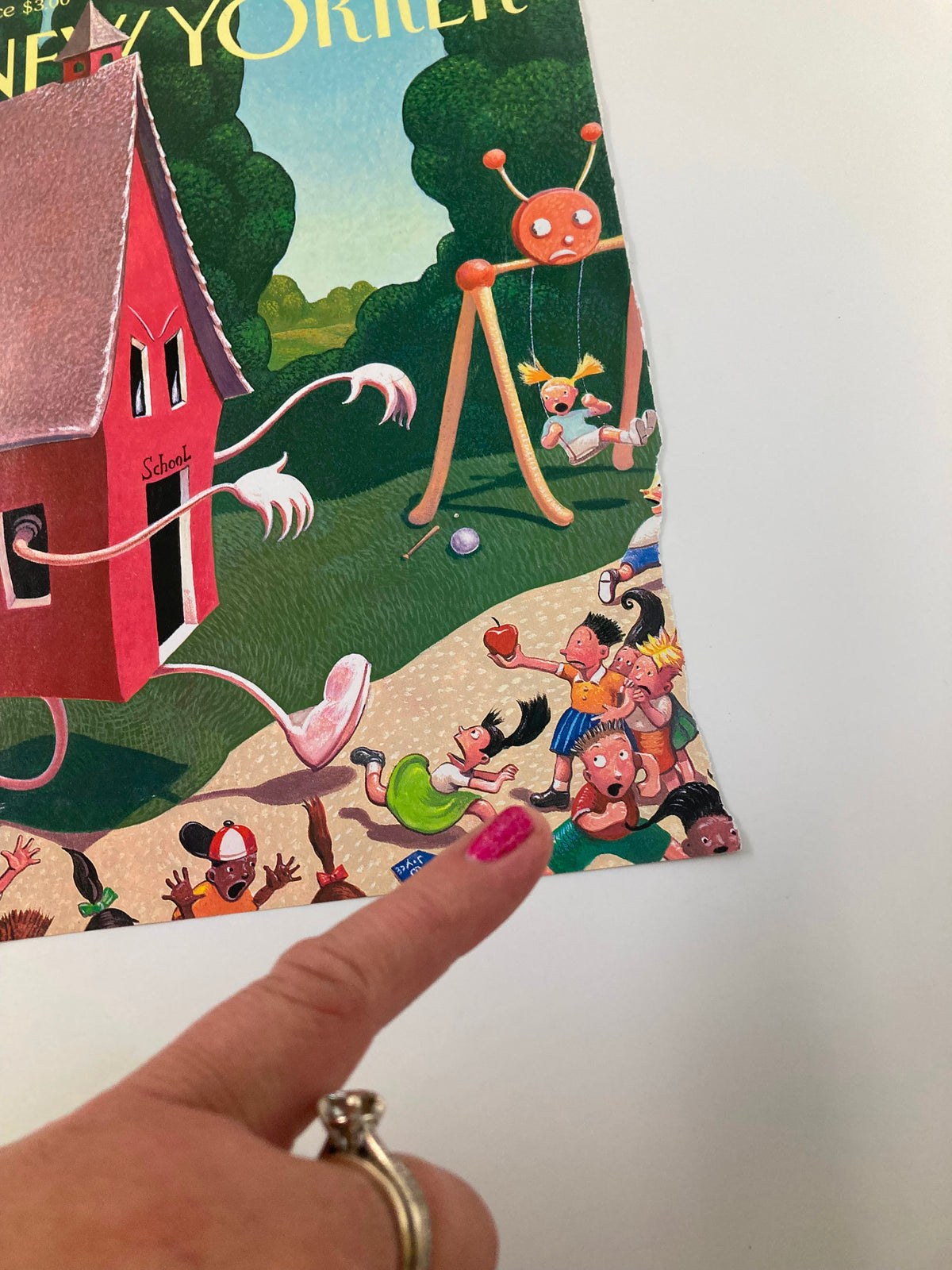 COVER ONLY The New Yorker September 14 1998 Back to School by William Joyce, a close-up view highlighting children playing and interacting with a quirky illustrated schoolhouse.