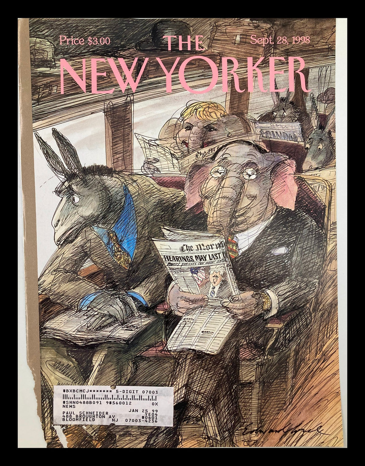 COVER ONLY The New Yorker September 28 1998 featuring a colorful illustration by E. Sorel, depicting various animals in a train setting reading a newspaper, capturing a humorous commentary on societal themes.