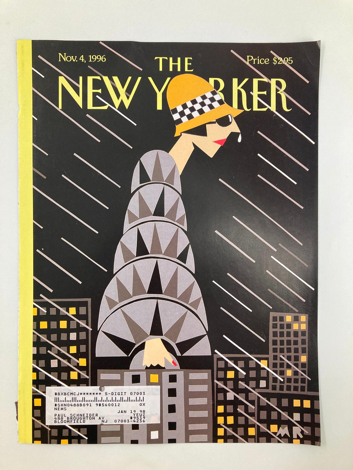 Cover of The New Yorker from November 4, 1996, showcasing the illustration 'Height of Fashion' by Michael Roberts, featuring an elegant woman in a gray patterned coat and chic accessories in a stormy urban setting.