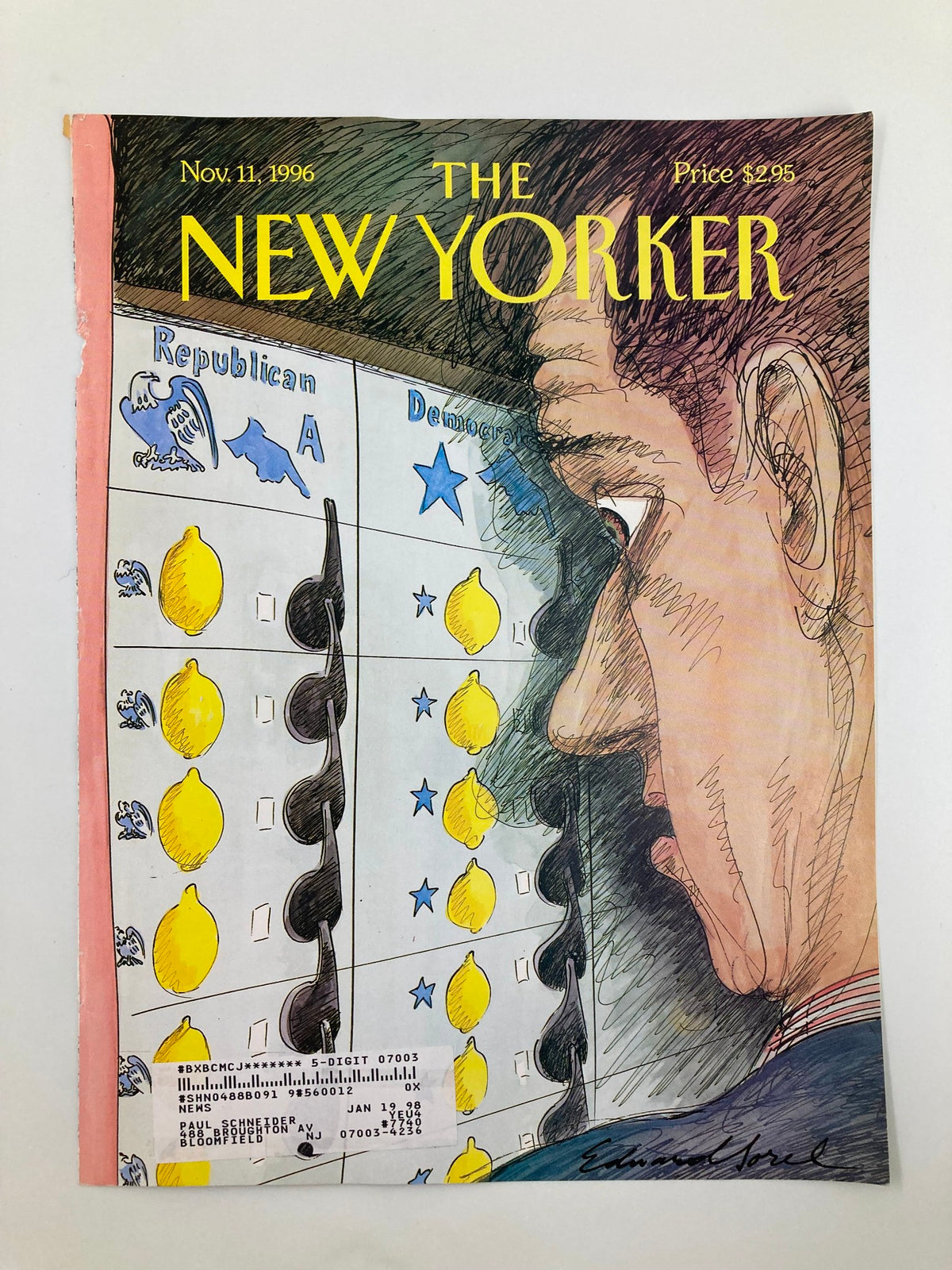 The cover of The New Yorker dated November 11, 1996, showcasing E. Sorel's art titled 'The Same Coin', highlighting the contrasts between Democratic and Republican imagery.