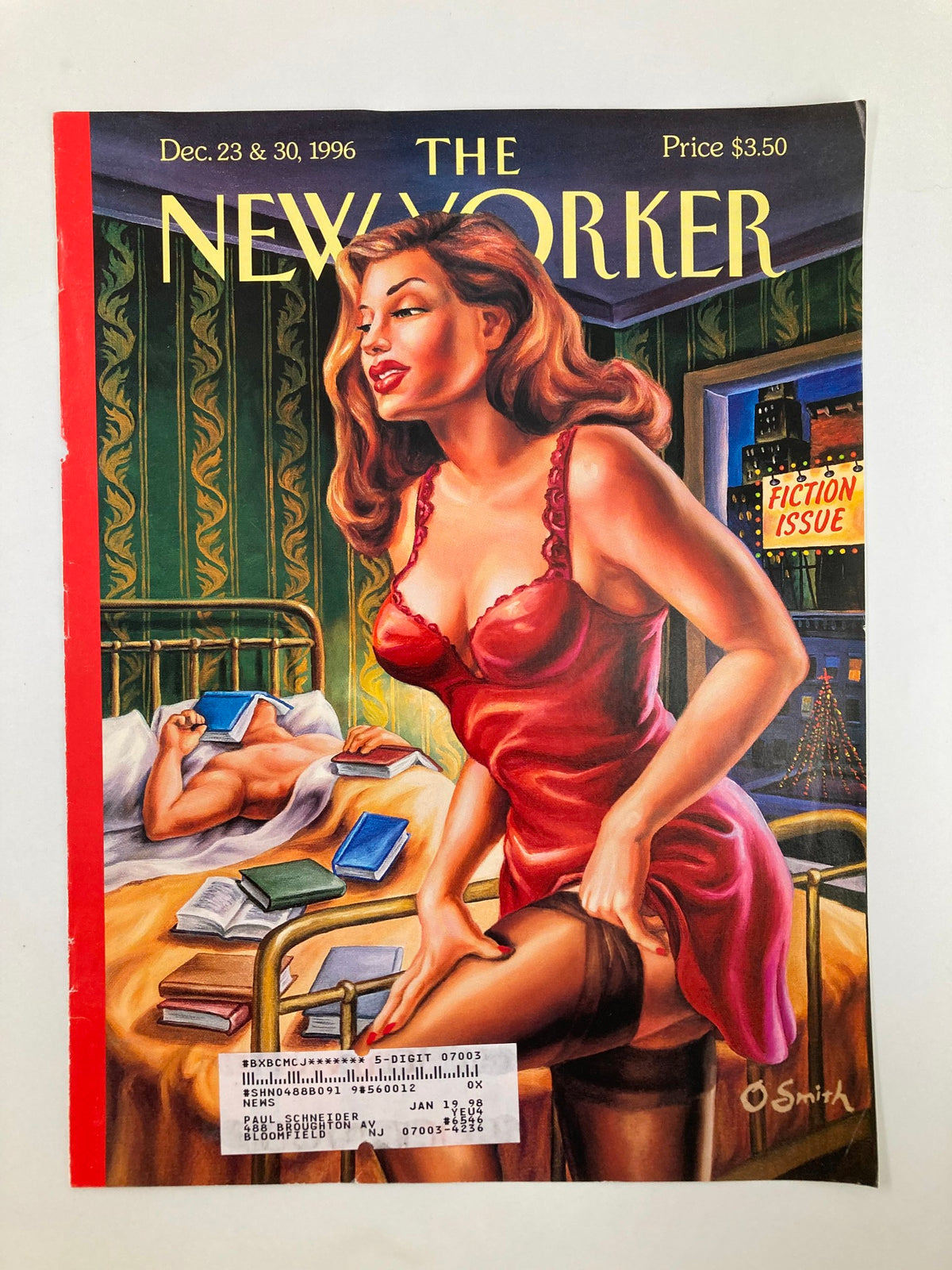 Cover Only The New Yorker December 23 1996 Bedside Stories by Owen Smith, depicting a stylish woman in a red dress with a cozy bedroom background, representing literary themes and nostalgia.