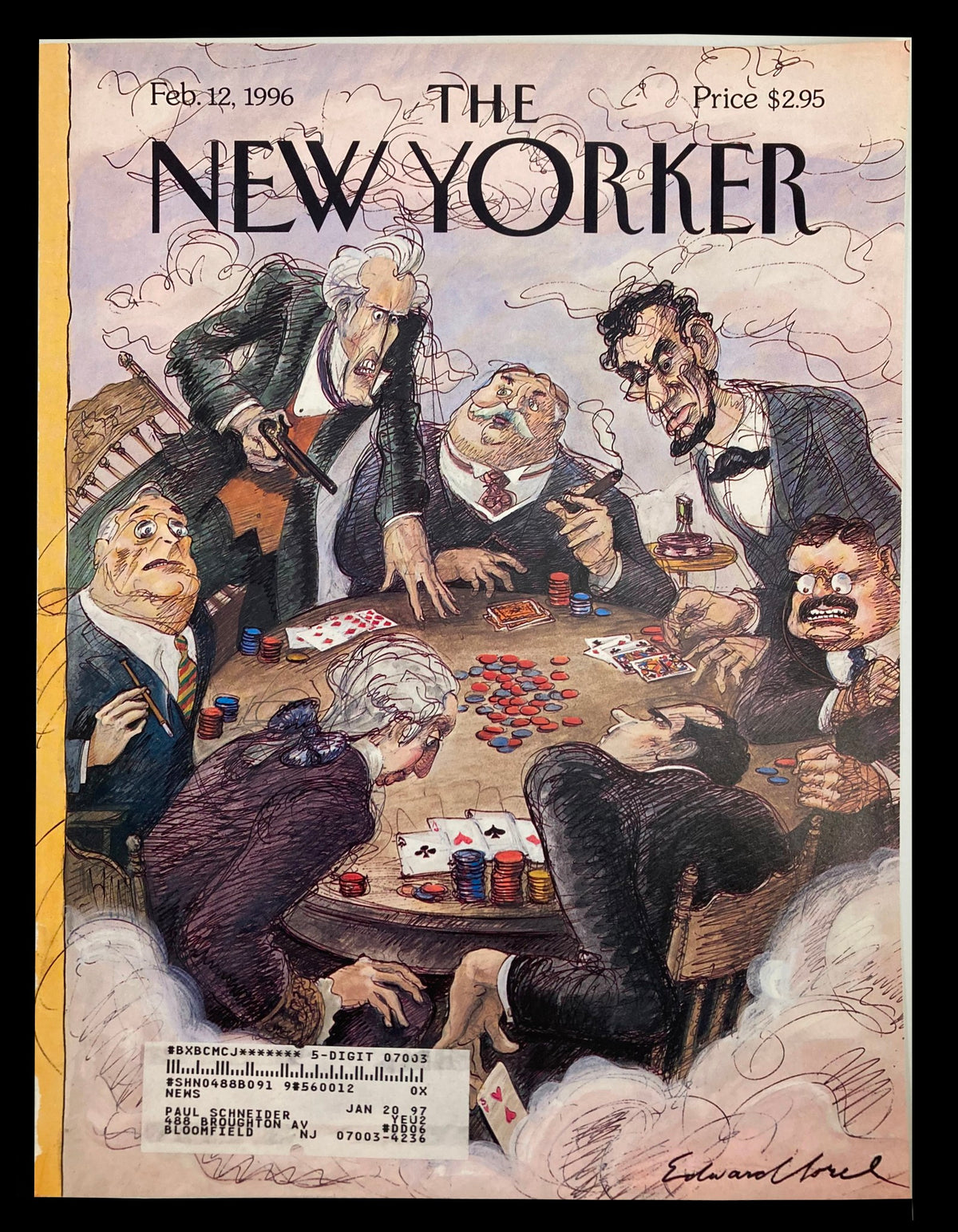 The New Yorker cover from February 12, 1996, featuring an illustration by Edward Sorel depicting a group of historical figures engaged in a poker game, showcasing a humorous take on the classic card game.