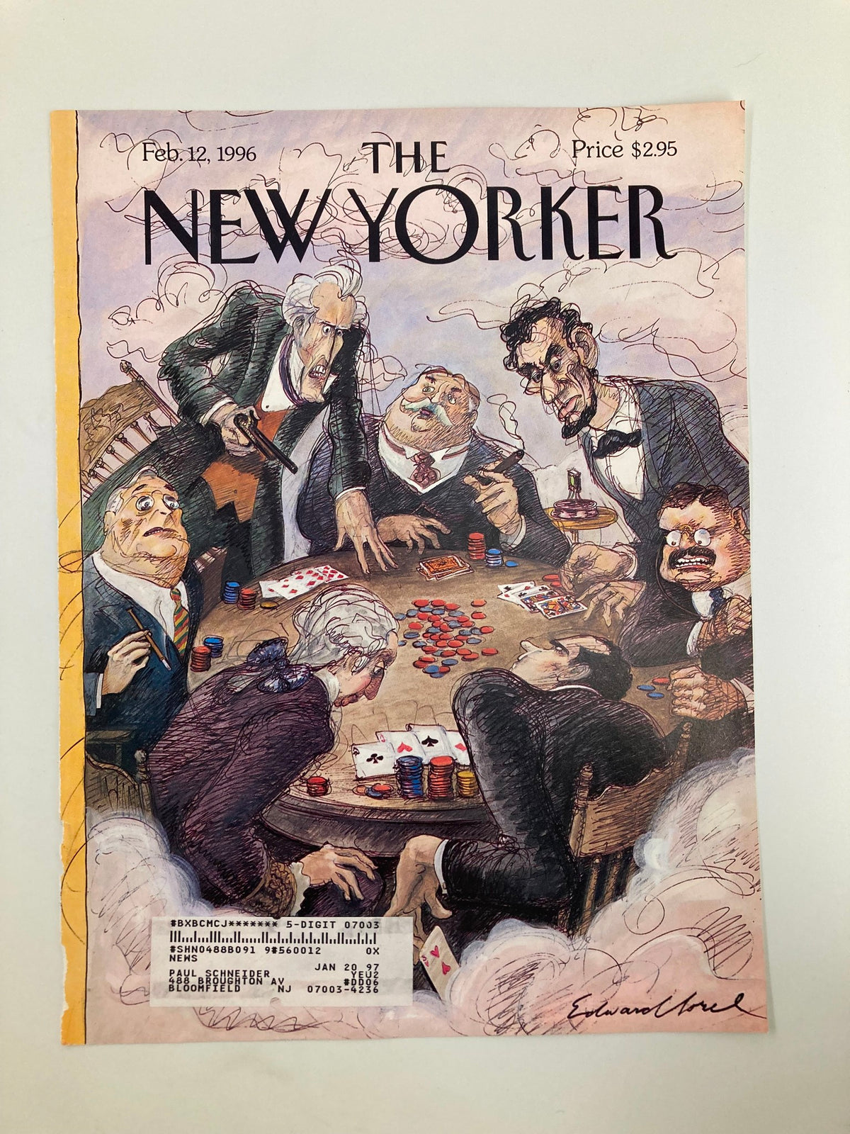 The New Yorker cover dated February 12, 1996, illustrated by Edward Sorel, displaying a poker night scene with notable historical characters around a card table, highlighting a playful atmosphere.