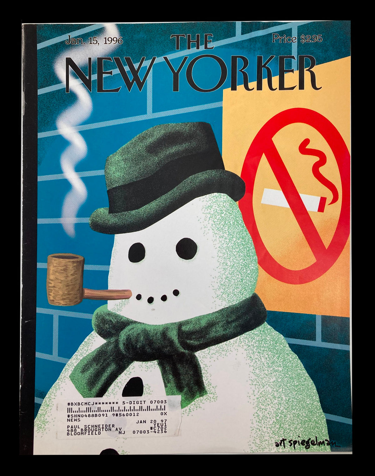 Cover of The New Yorker dated January 15, 1996, illustrating a snowman with a pipe and a no smoking sign, created by artist Art Spiegelman. This iconic cover features a blend of humor and irony, perfect for art lovers and magazine collectors.
