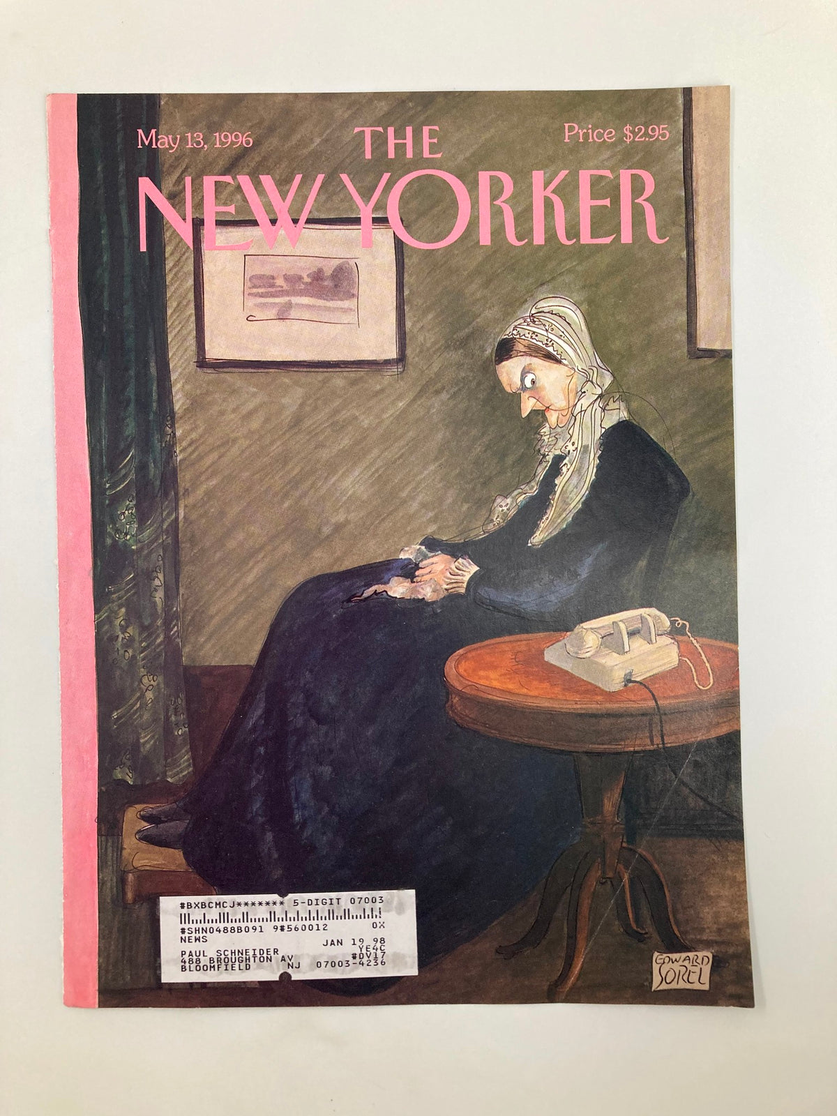 The New Yorker May 13 1996 cover showcasing Edward Sorel's artwork 'Waiting', illustrating a pensive woman beside a vintage table with a telephone.