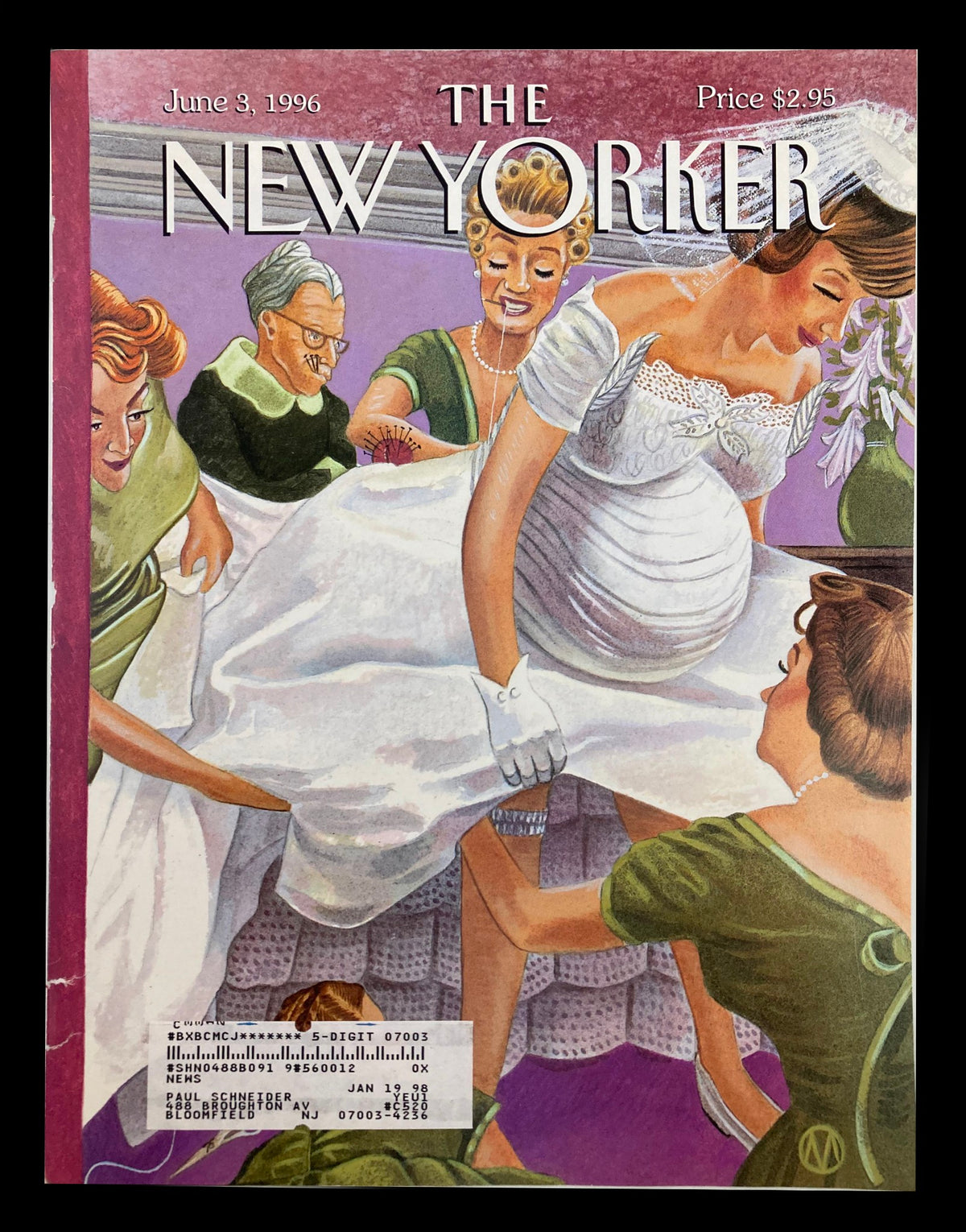 Cover of The New Yorker from June 3, 1996, titled 'Altared States' by M. Scott Miller, featuring a comedic wedding scene with a bride and attendants.