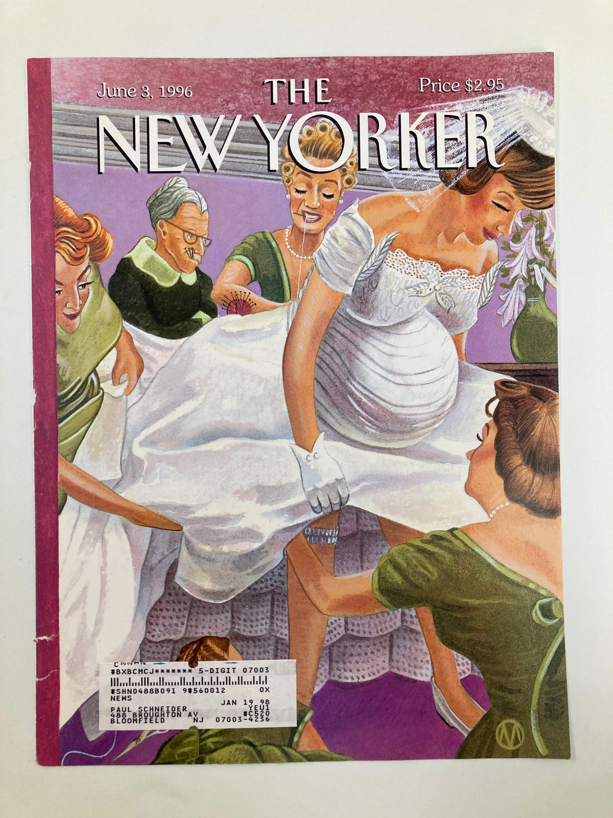 Cover of The New Yorker from June 3, 1996, titled 'Altared States' by M. Scott Miller, depicting a whimsical scene with a pregnant bride surrounded by friends and family during a wedding preparation.