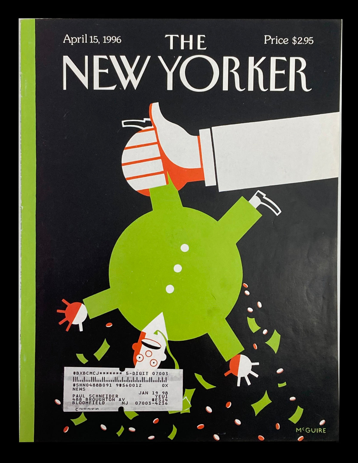 Cover of The New Yorker, April 15, 1996, featuring 'The Gigolo' by Robert McGuire, showcasing a vibrant green caricature and playful design elements.