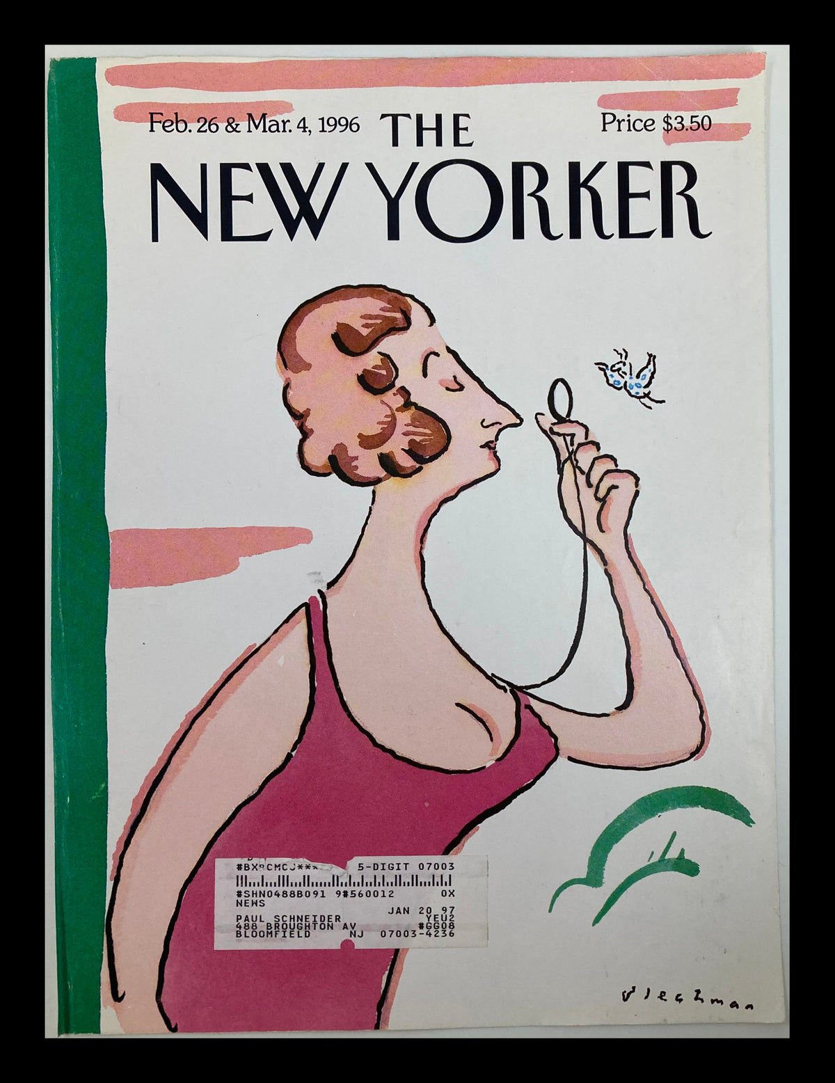 Cover of The New Yorker February 26, 1996 illustrated by Eustacia Tilley, featuring a woman with a stylish look, exploring the essence of journalism and art.