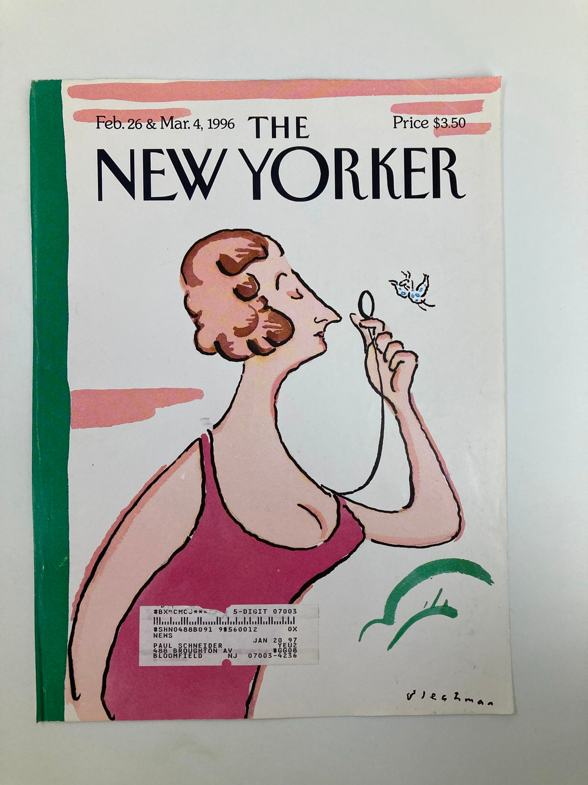Cover of The New Yorker February 26, 1996 showcasing the artwork by Eustacia Tilley, depicting a woman holding a mirror, embodying sophistication and creativity.