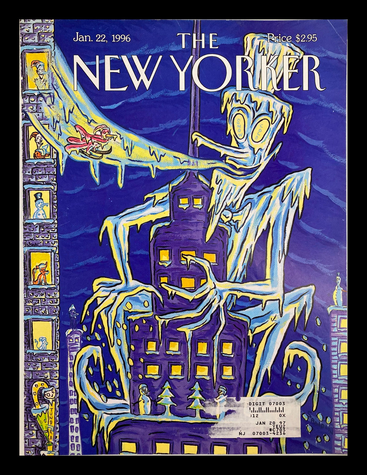 Cover art from The New Yorker January 22, 1996, titled 'Tales from The Tomb' by David Sandlin, featuring vibrant colors and a whimsical, icy cityscape with a large, eerie figure amidst buildings.