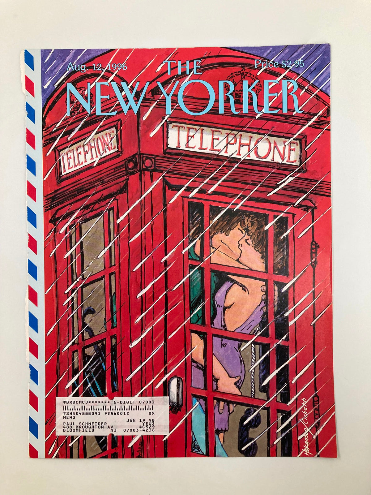 Cover of The New Yorker, August 12, 1996, titled 'Phone Booth Romance' illustrated by Hokanson Cichetti, featuring a vibrant depiction of a red telephone booth with figures inside, capturing a whimsical and intimate moment.