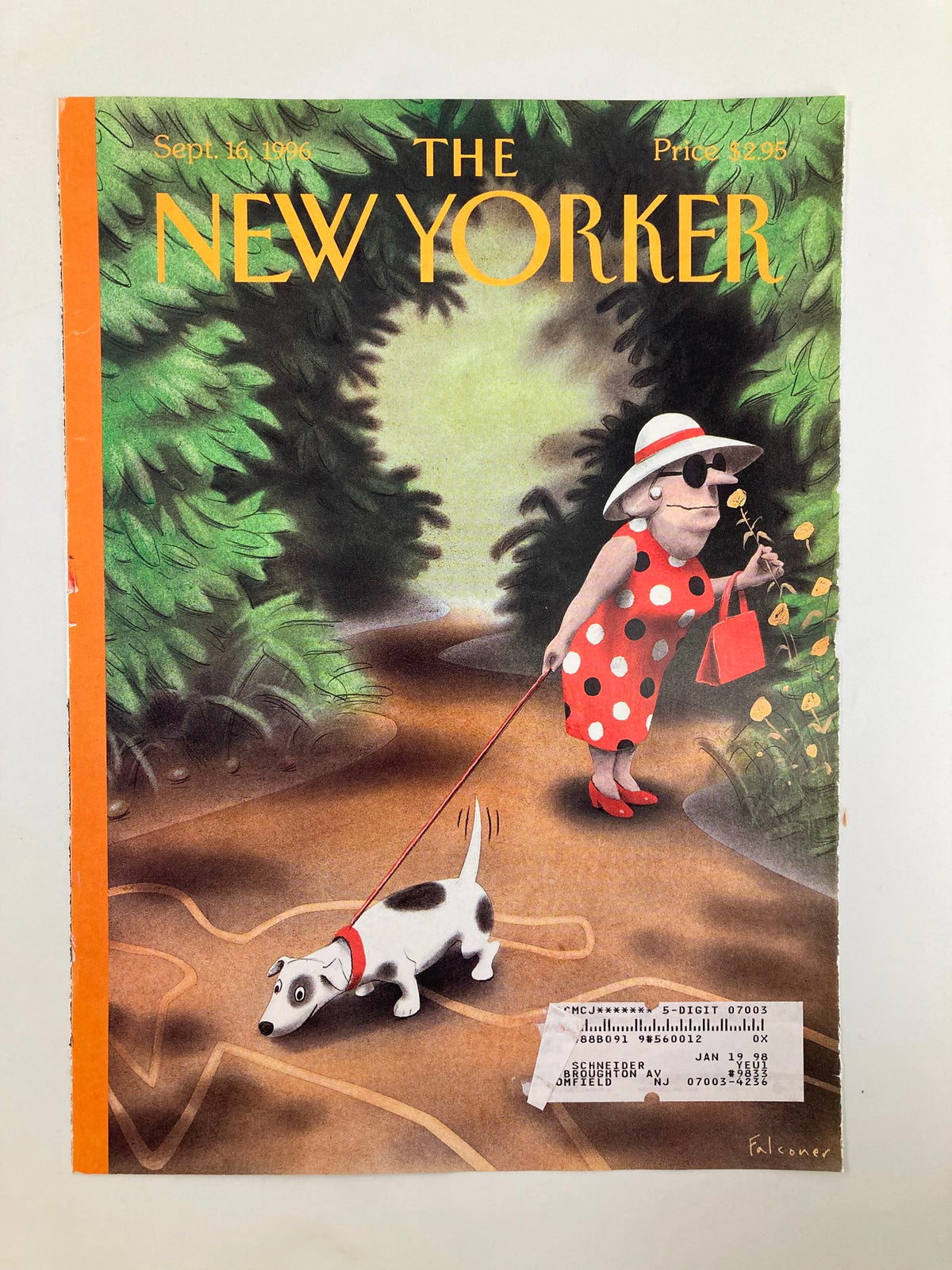 Cover of The New Yorker magazine from September 16, 1996, titled 'Something in the Air' by Ian Falconer. The artwork depicts a stylish woman in a red polka dot outfit along with her dog in a lush green setting.