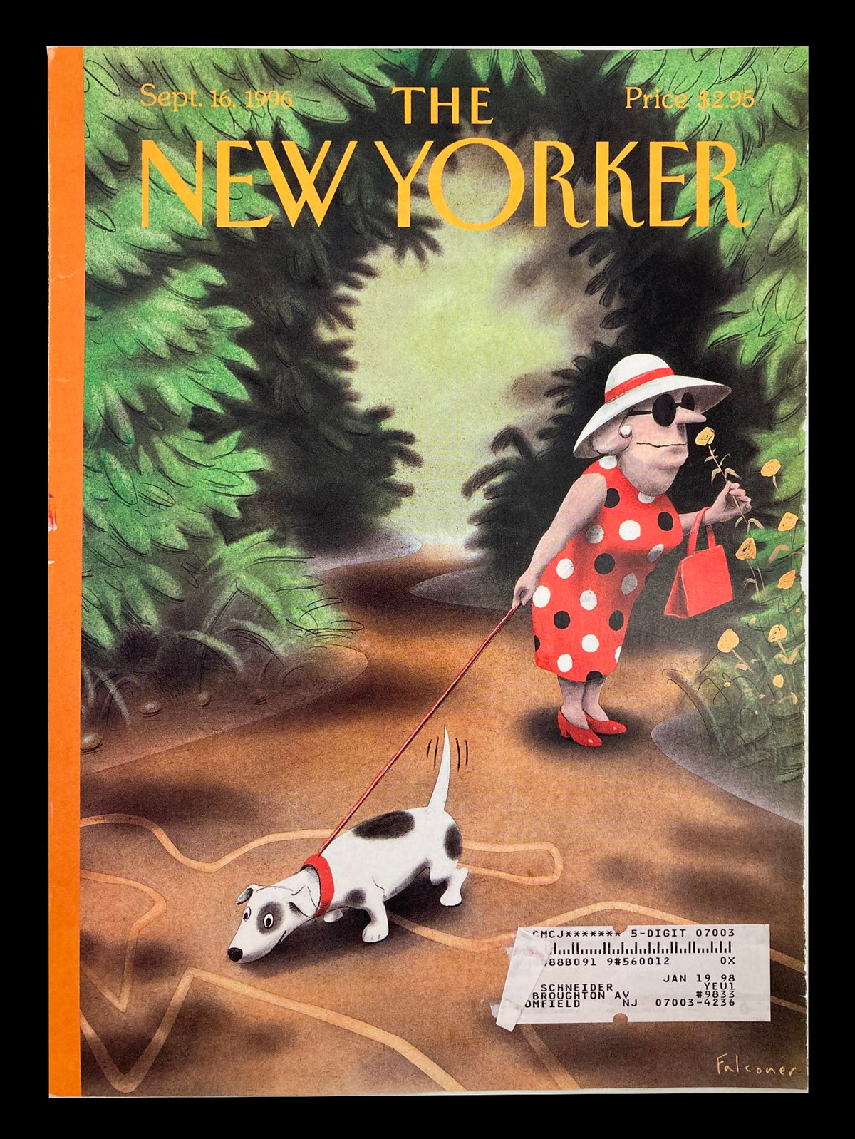 Cover of The New Yorker magazine from September 16, 1996, titled 'Something in the Air' by Ian Falconer. The illustration features a woman in a red polka dot dress walking a small dog in a forested path.