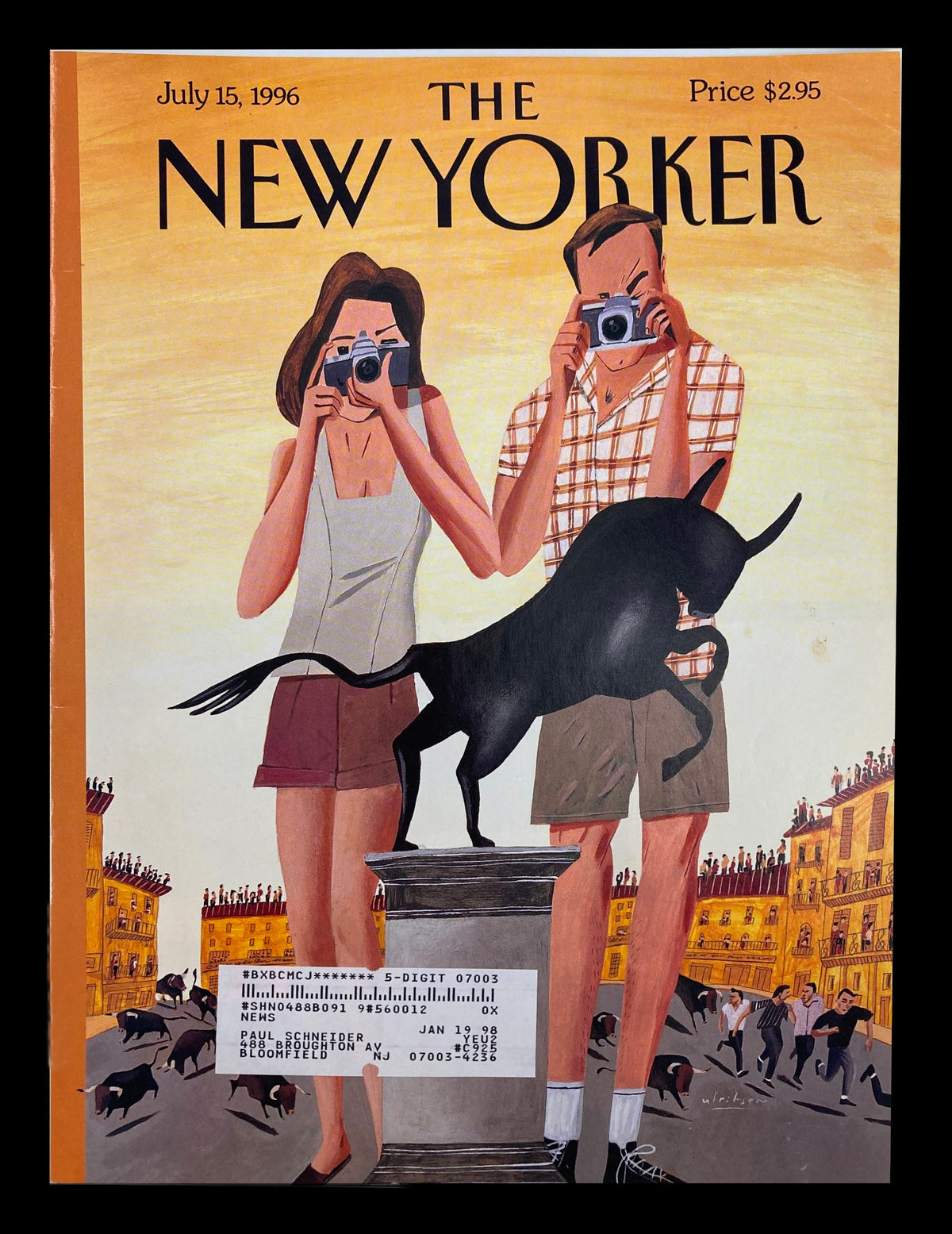 The New Yorker July 15 1996 Double Exposure cover featuring a couple with cameras taking photos, accompanied by a dog, illustrated by Mark Ulriksen. The vibrant artwork showcases the artistic style of the 90s.