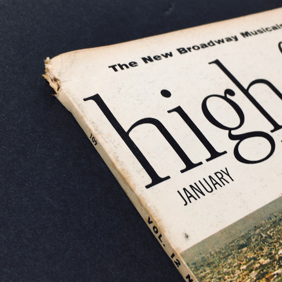 Close-up view of the top edge of the VTG High Fidelity Magazine January 1989, highlighting the title and date along with minor wear consistent with its age.